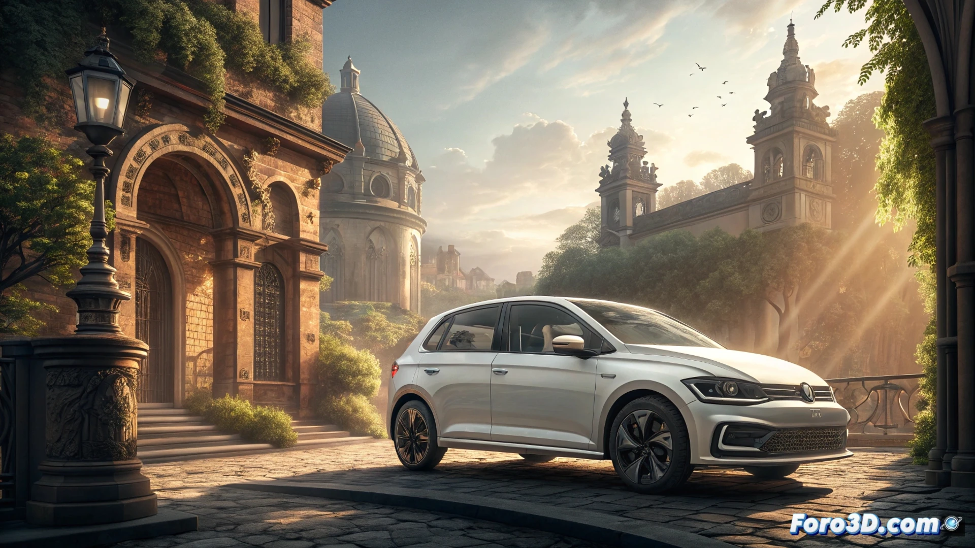 Volkswagen ID. Polo eléctrico azul, fabricado por SEAT en Martorell, sobre fondo de concesionario con etiqueta de precio y texto 400 km autonomía.