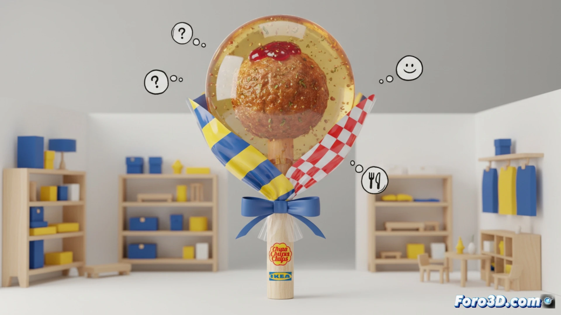 Una albóndiga sueca gigante en un palo, con el característico patrón de Chupa Chups, sobre un fondo minimalista estilo IKEA.