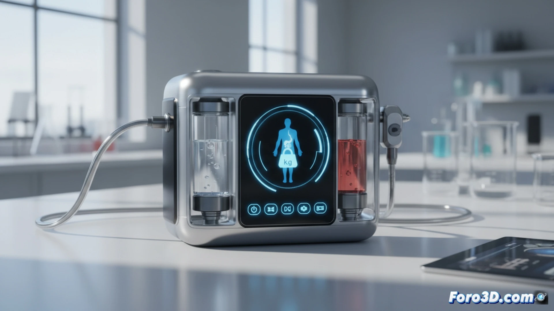 Modelo 3D del iLet Bionic Pancreas mostrando su integración con el sistema circulatorio humano.