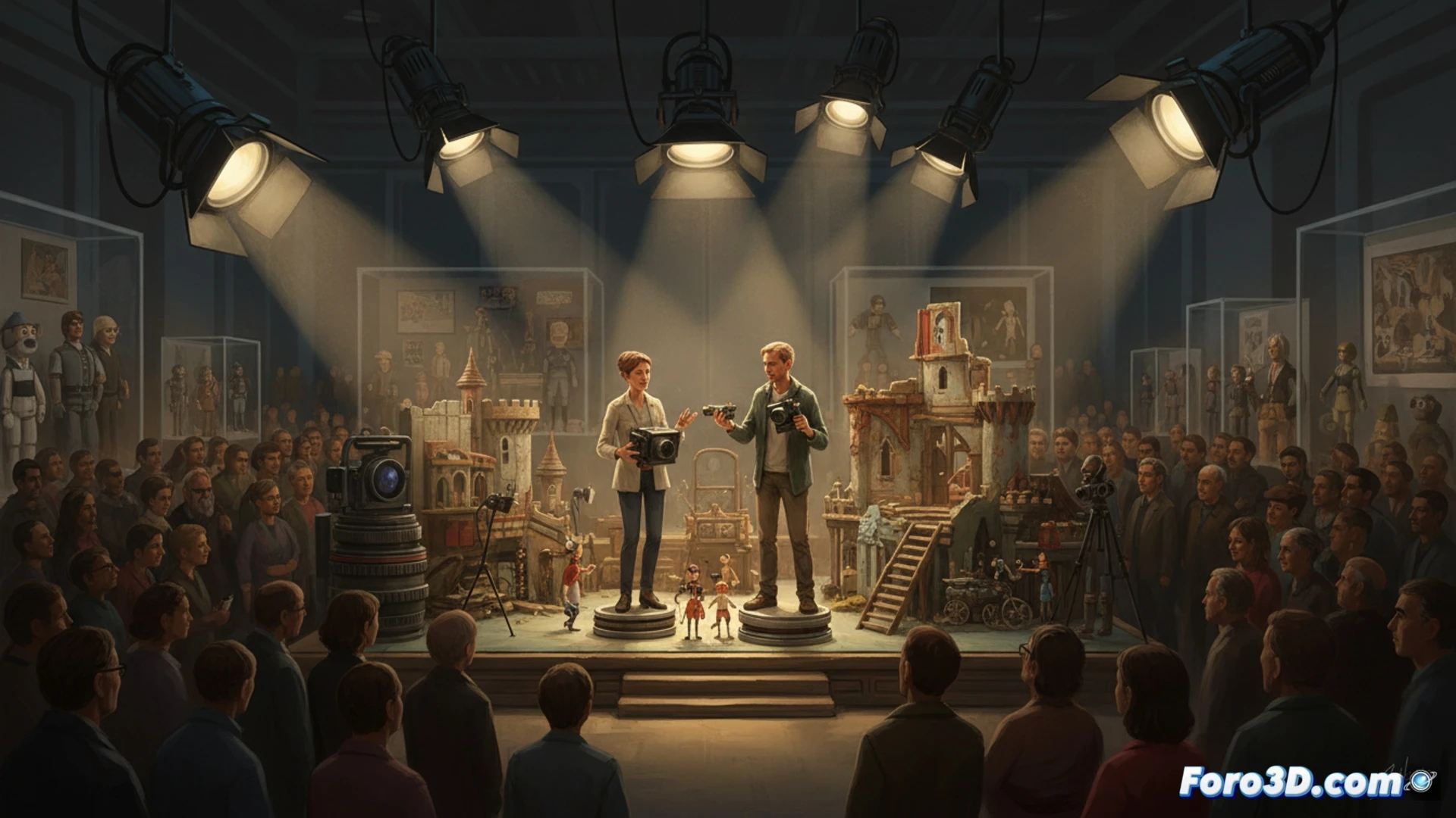 Una diminuta escena de stop-motion, con un personaje de unos centímetros bajo focos en miniatura, reflejando texturas y sombras precisas sobre un decorado artesanal.