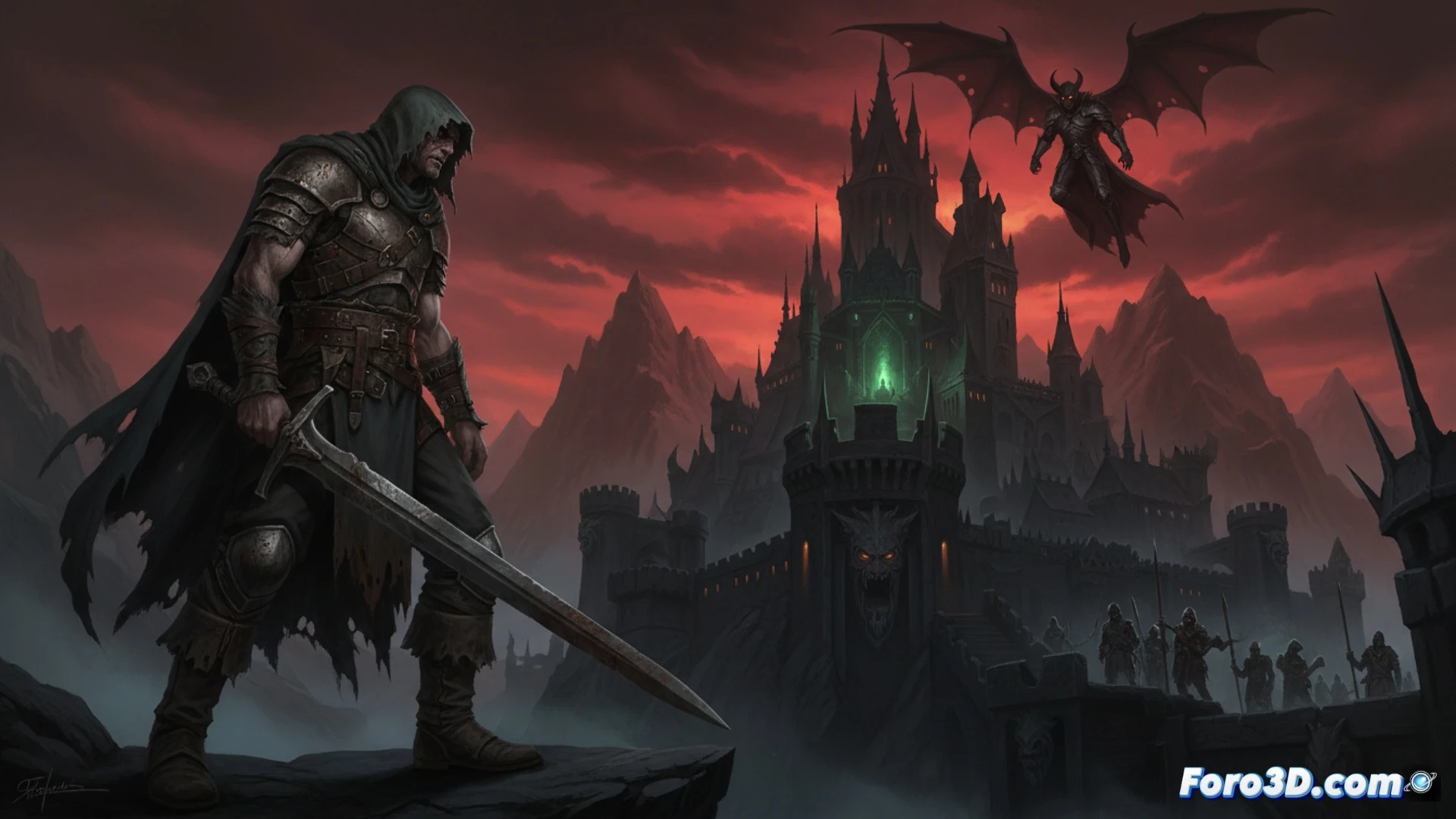 Campo en Transilvania, un trabajador con guadaña ensangrentada avanza hacia un castillo oscuro, con sombras monstruosas al estilo Berserk.