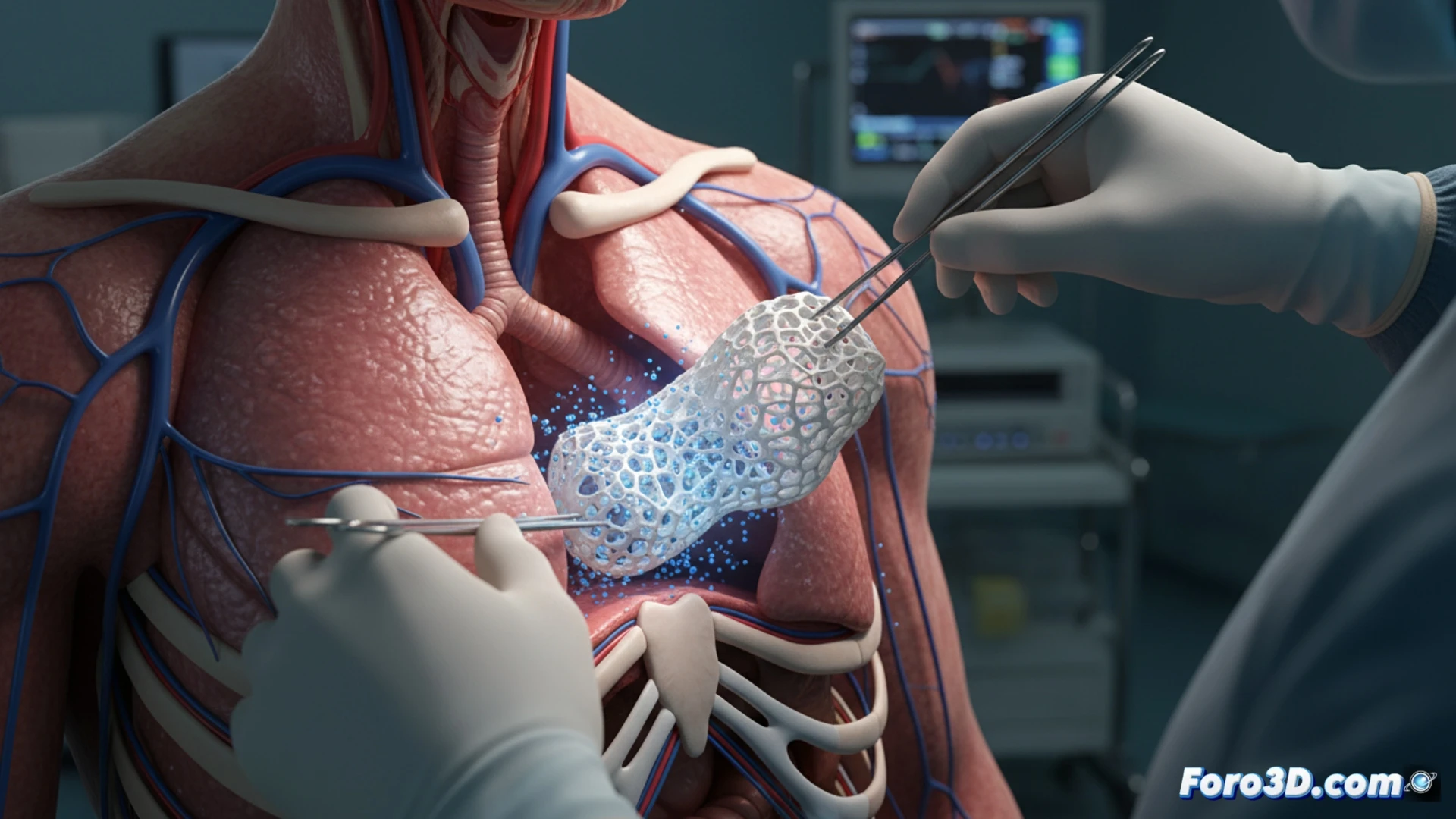 Implante 3D colocado tras cirugía, liberando quimioterapia localizada para eliminar células residuales y minimizar efectos secundarios.