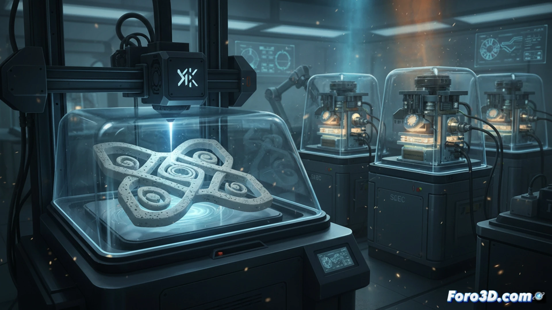 Impresora 3D creando una pieza cerámica con geometría compleja para electrolizadores SOEC, sobre fondo técnico.