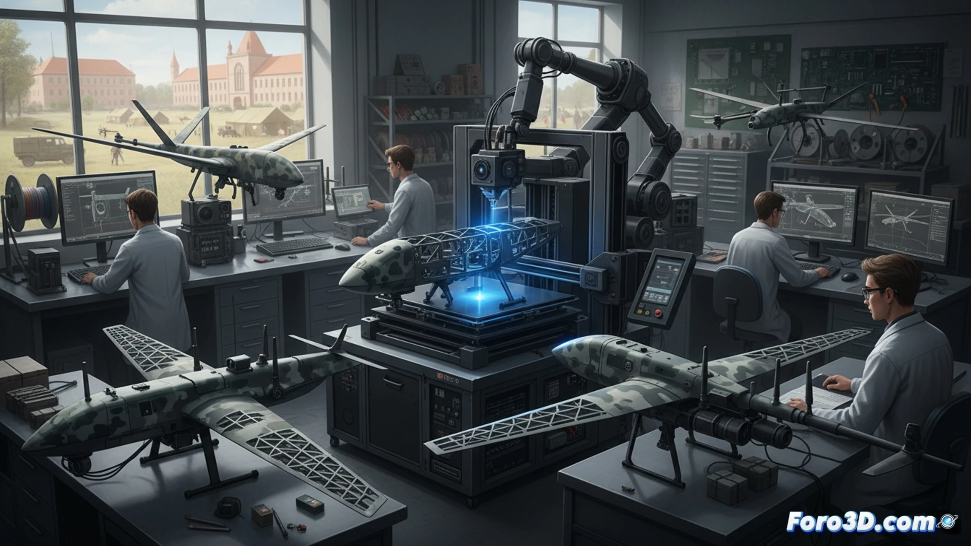 Un soldado observa la impresión 3D de un dron en una unidad móvil de fabricación en pleno campo.