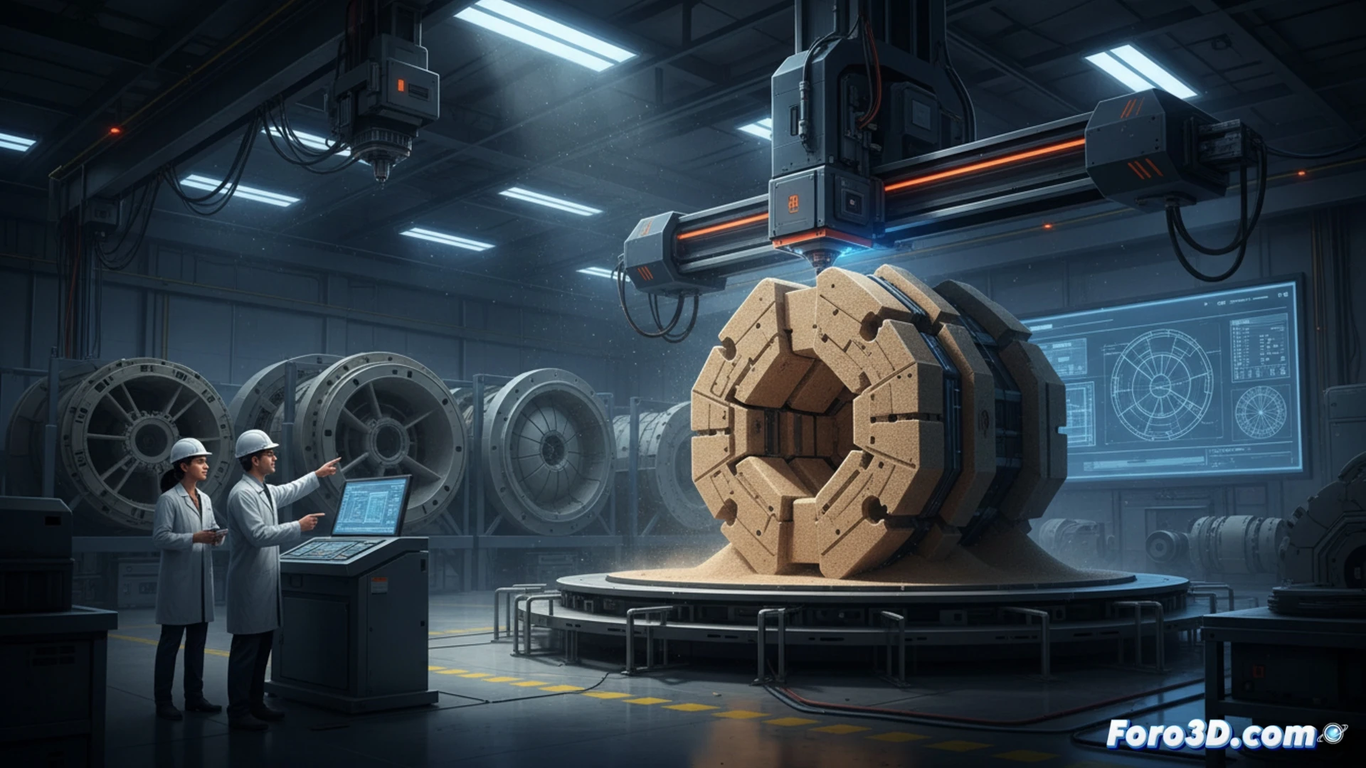 Impresora 3D de gran formato crea molde metálico para reactor nuclear, con equipo del ORNL observando el proceso de fabricación.