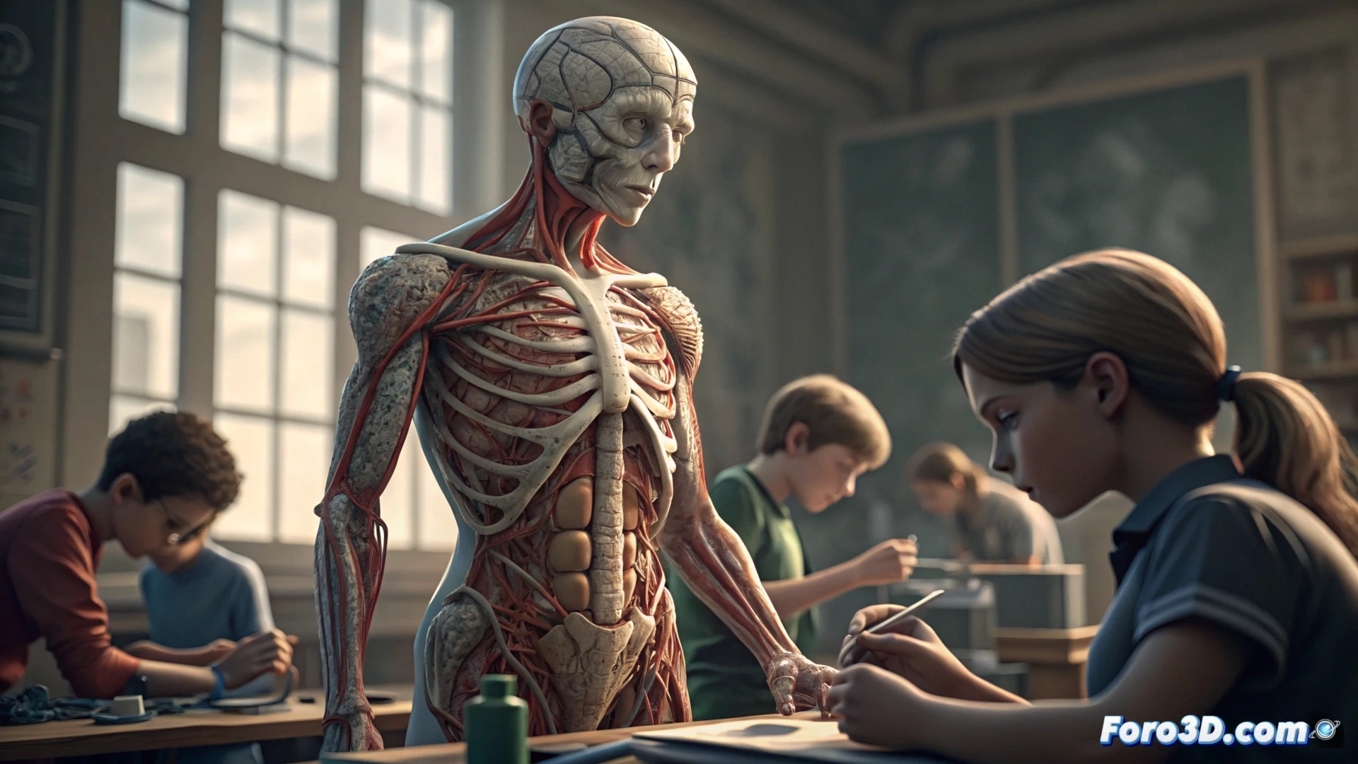 Estudiante adolescente sonriente sosteniendo una pieza 3D recién impresa, rodeado de modelos geométricos y anatómicos coloridos sobre la mesa del aula.