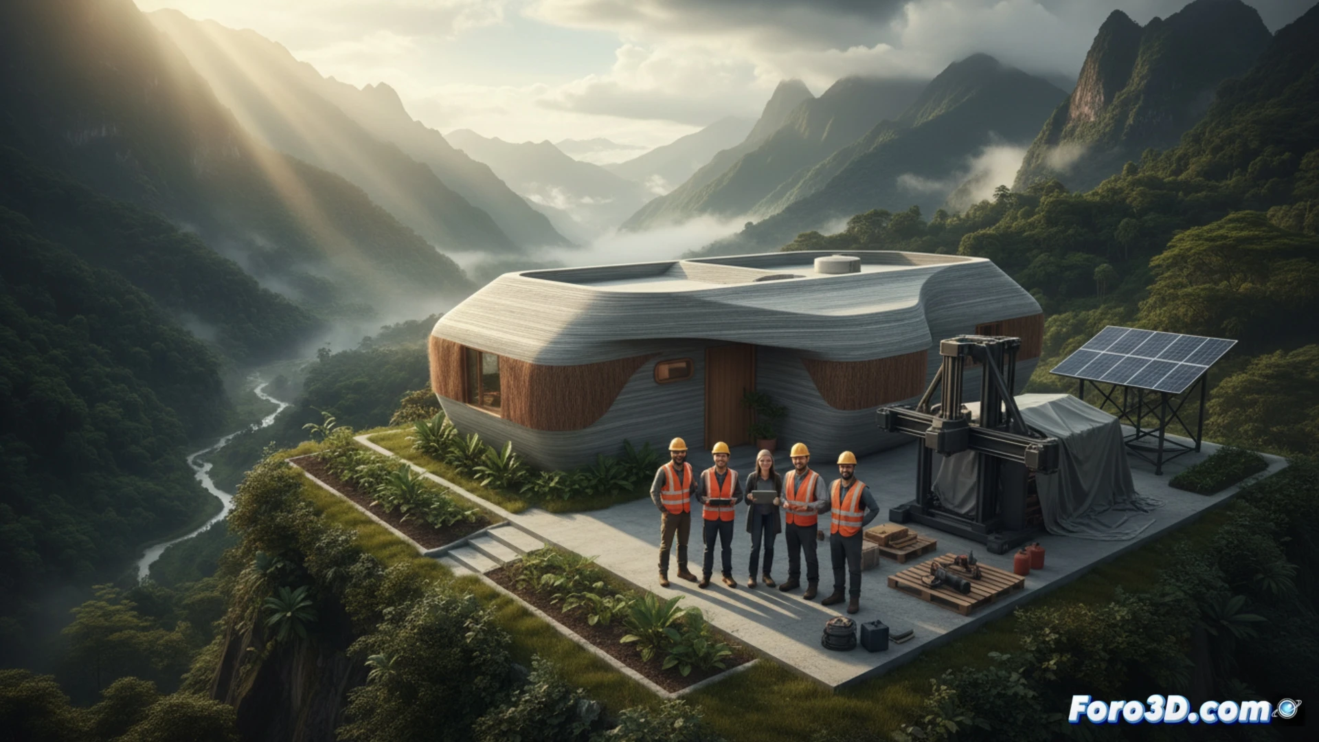 Impresora 3D extruye capas de cemento sobre terreno montañoso colombiano, levantando una vivienda social de 40 metros cuadrados.