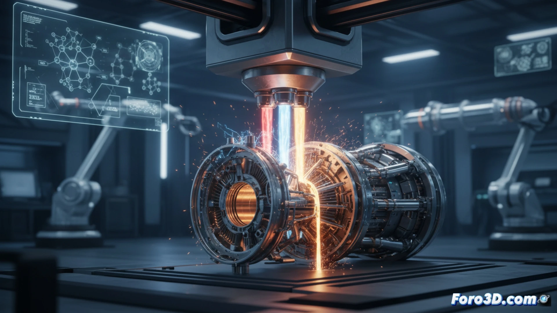 Un inyector de cohete multimetálico emerge de una impresora 3D, mostrando transiciones de color entre metales en una sola pieza compleja.