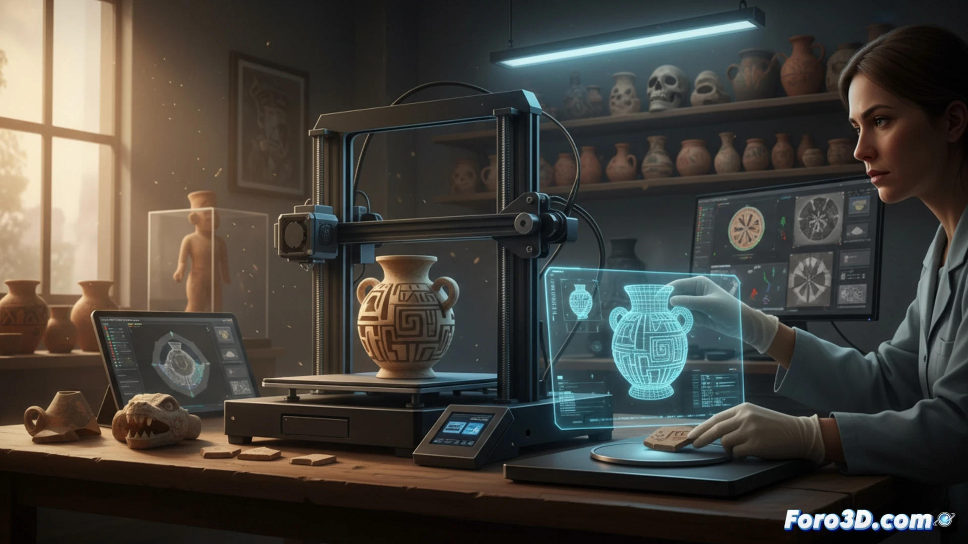 Un arqueólogo examina una réplica 3D de una vasija antigua junto a su original, en un laboratorio moderno.
