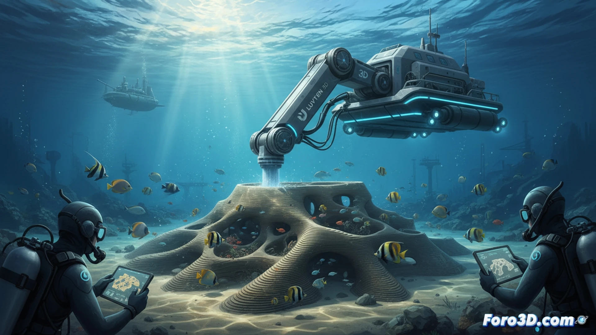 Un robot submarino extruye hormigón para crear una estructura en el lecho marino, con buzos supervisando.