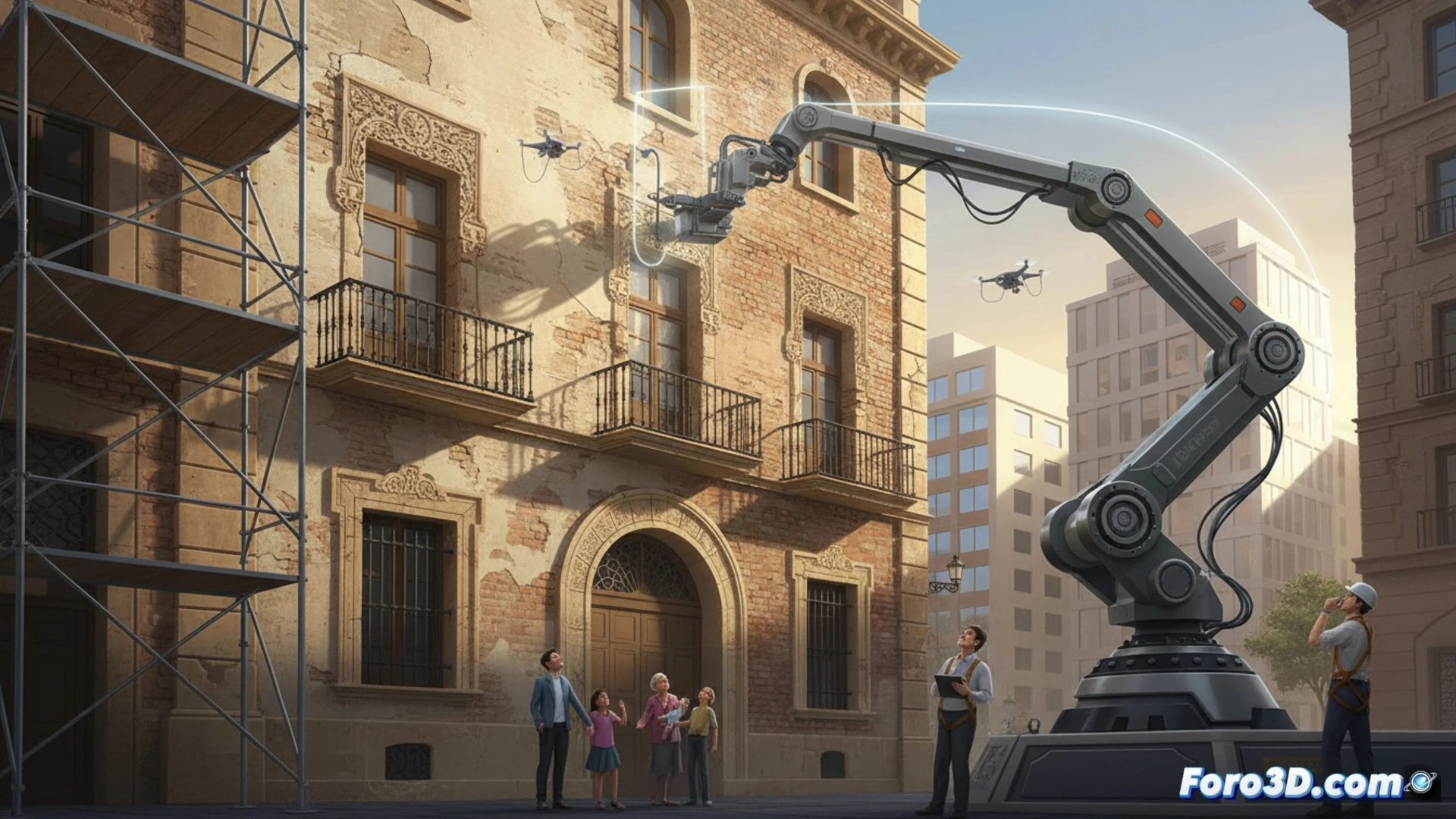 Un dron-impresora 3D repara automáticamente la fachada de un edificio histórico, aplicando material de forma precisa y segura.