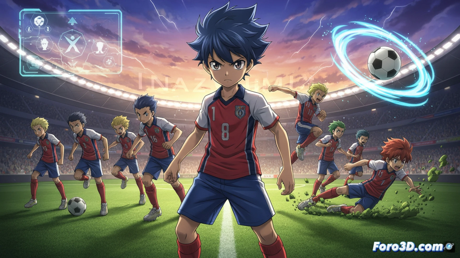 Una joven mánager del Inazuma National define tácticas en su tableta durante un vibrante partido de fútbol.