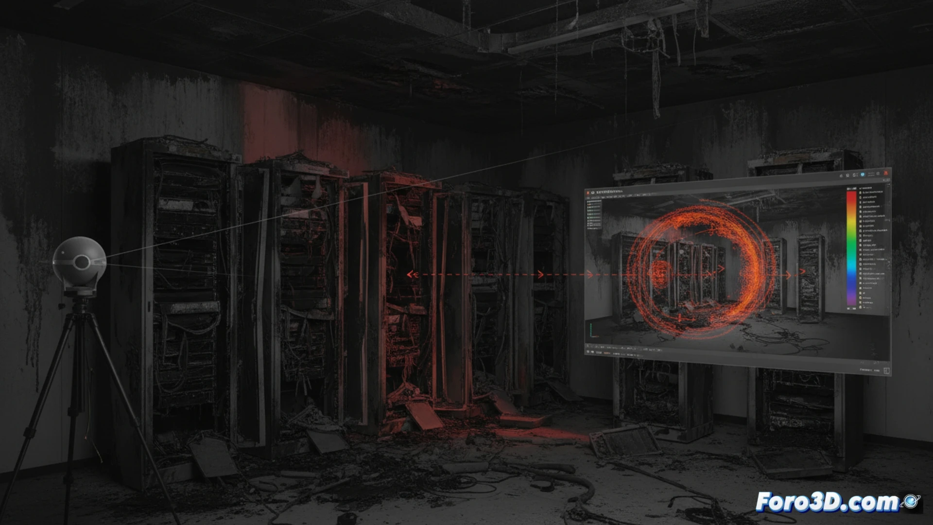 Simulación 3D de incendio en servidores con HVAC propagando flashover en centro de datos