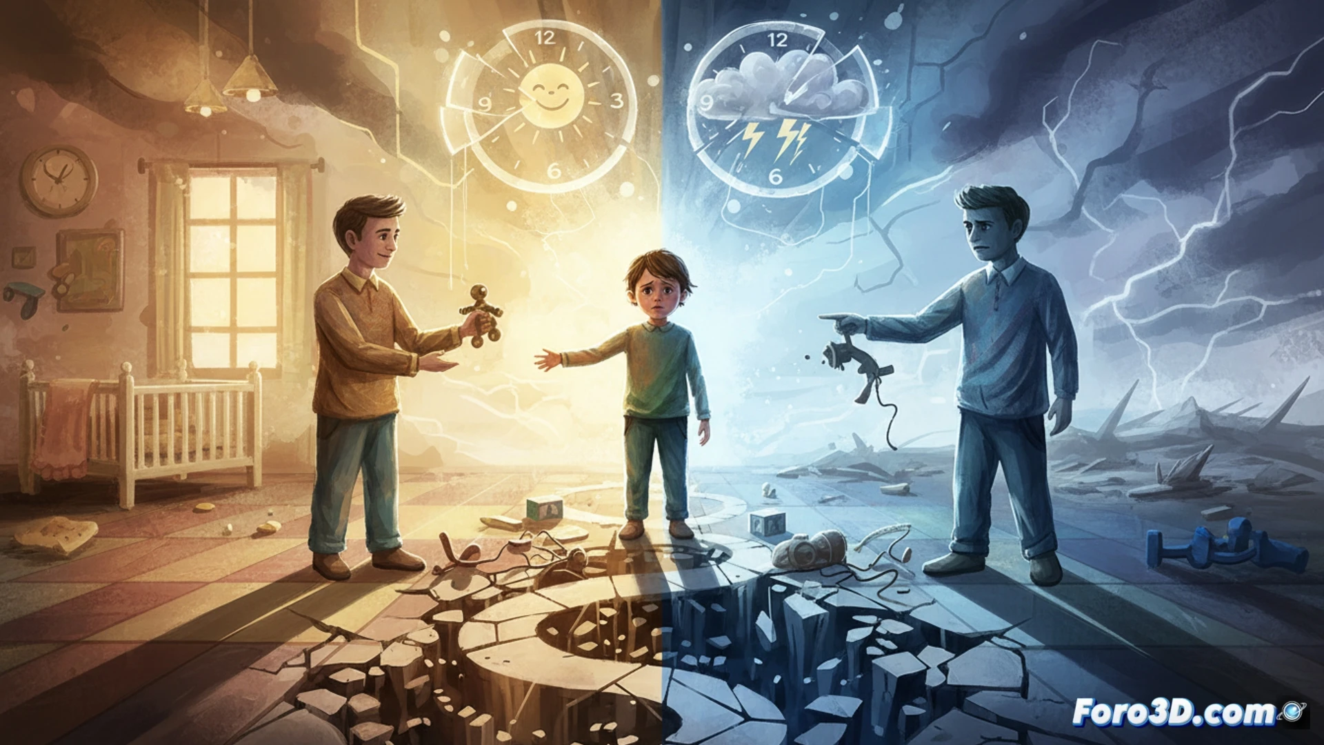 Un niño confundido observa a sus padres, uno con gesto permisivo y el otro con actitud estricta, en un entorno doméstico.