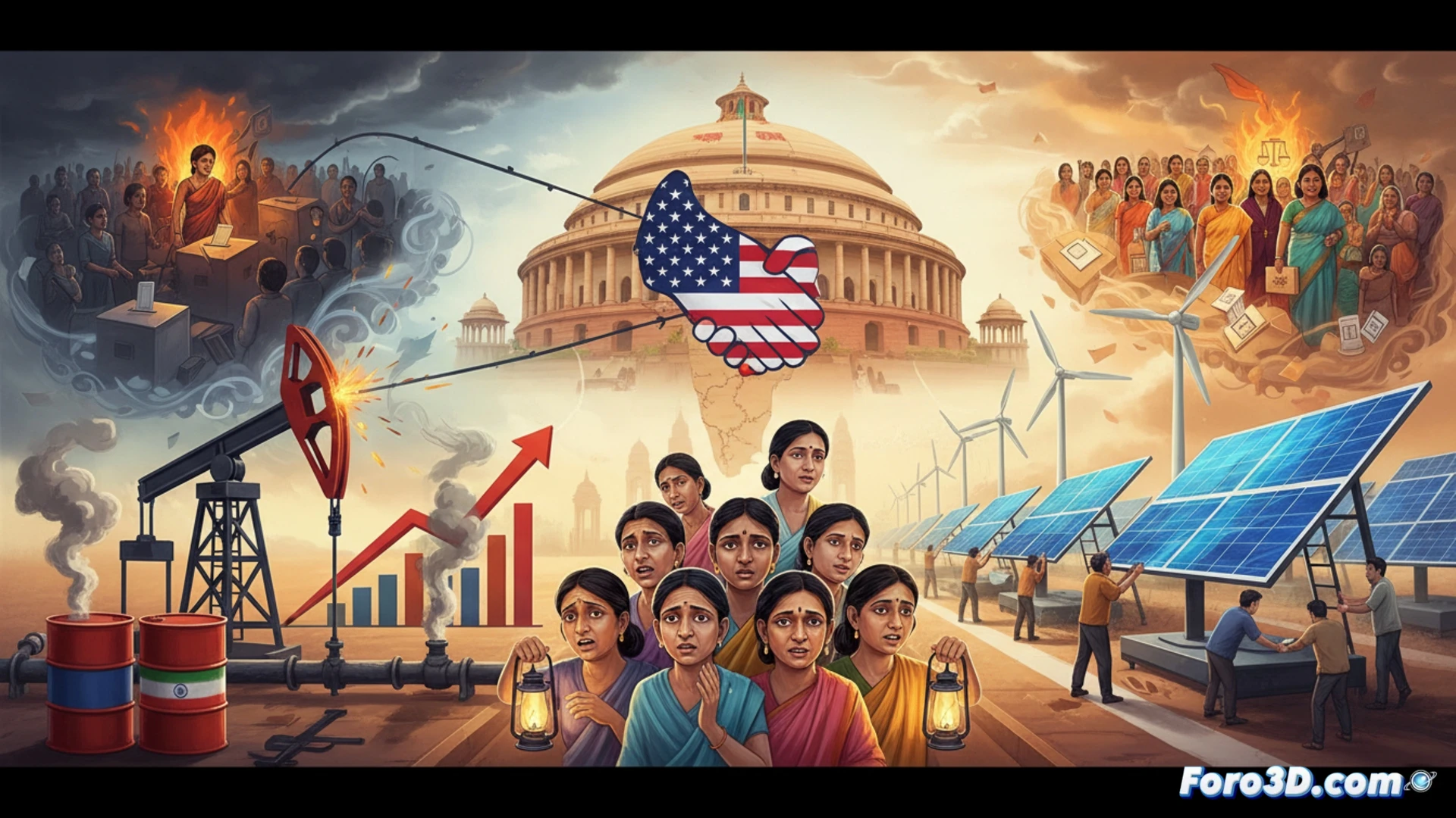 Mapa de India con iconos de petróleo, turbinas eólicas y gráficos políticos superpuestos, mostrando presión externa y debate interno.
