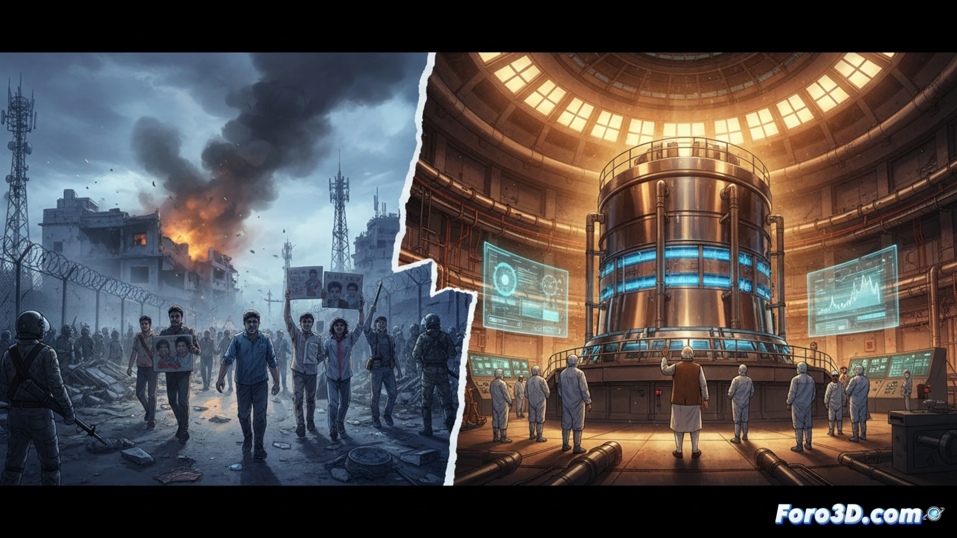 Una mano sostiene un reactor nuclear sobre un mapa de India, con una mitad en luz y la otra en sombras y disturbios.