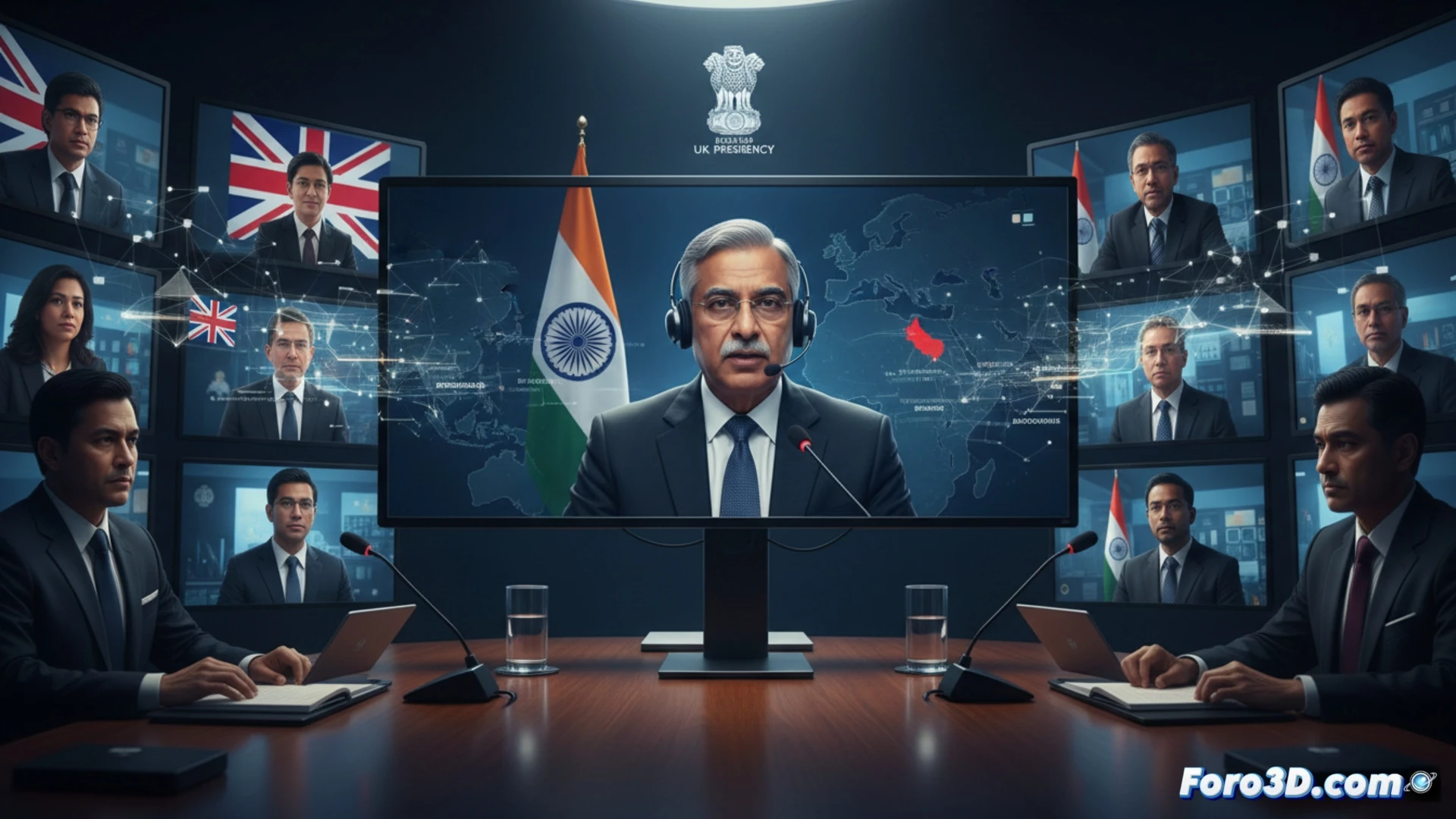 Un mapa digital muestra el Estrecho de Ormuz resaltado, con iconos de barcos detenidos y flechas de tensión. En un recuadro, el secretario indio Vikram Misri habla en una pantalla de videoconferencia, con banderas de India y el Reino Unido.