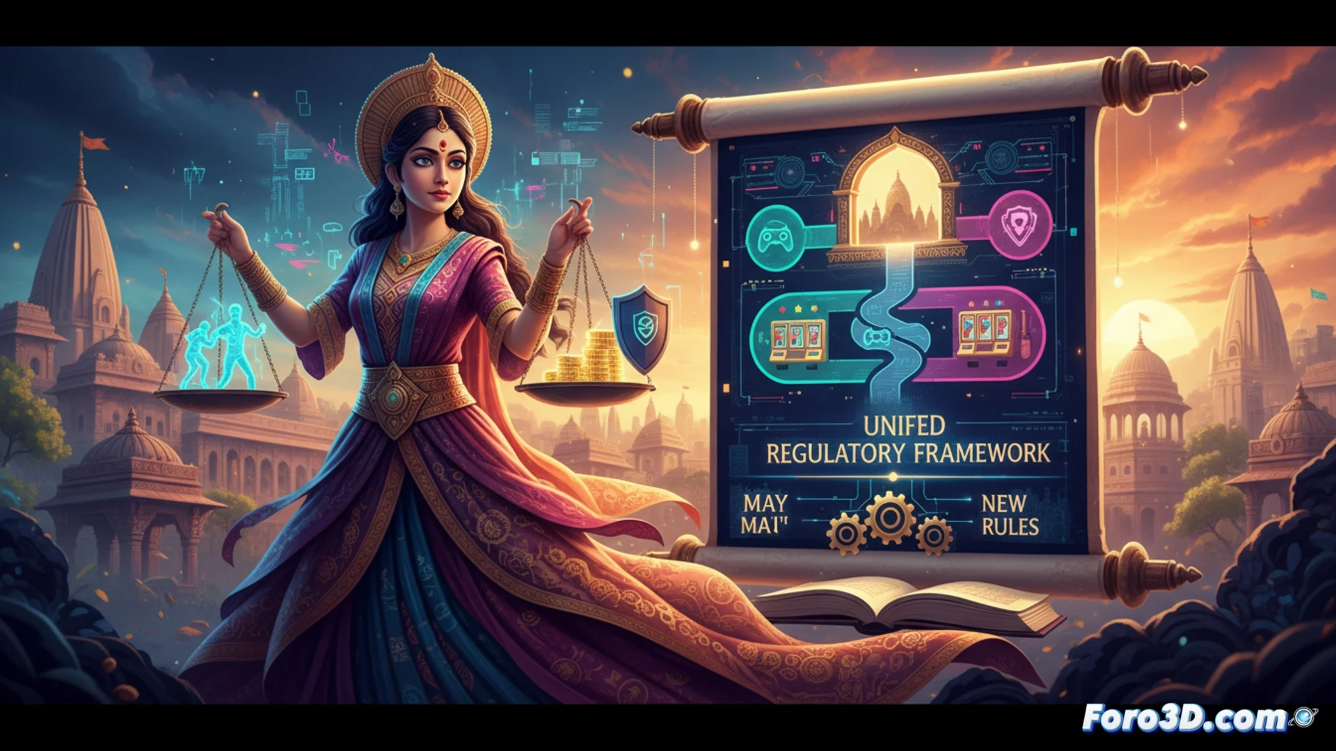 Una balanza digital con un joystick y un dado separados, sobre un mapa de India, simbolizando la nueva ley que divide eSports del azar.