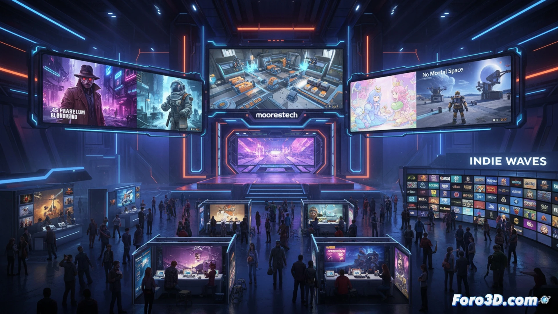 Una multitud de logos indie flotan sobre un escenario digital, destacando títulos ciberpunk y de simulación.