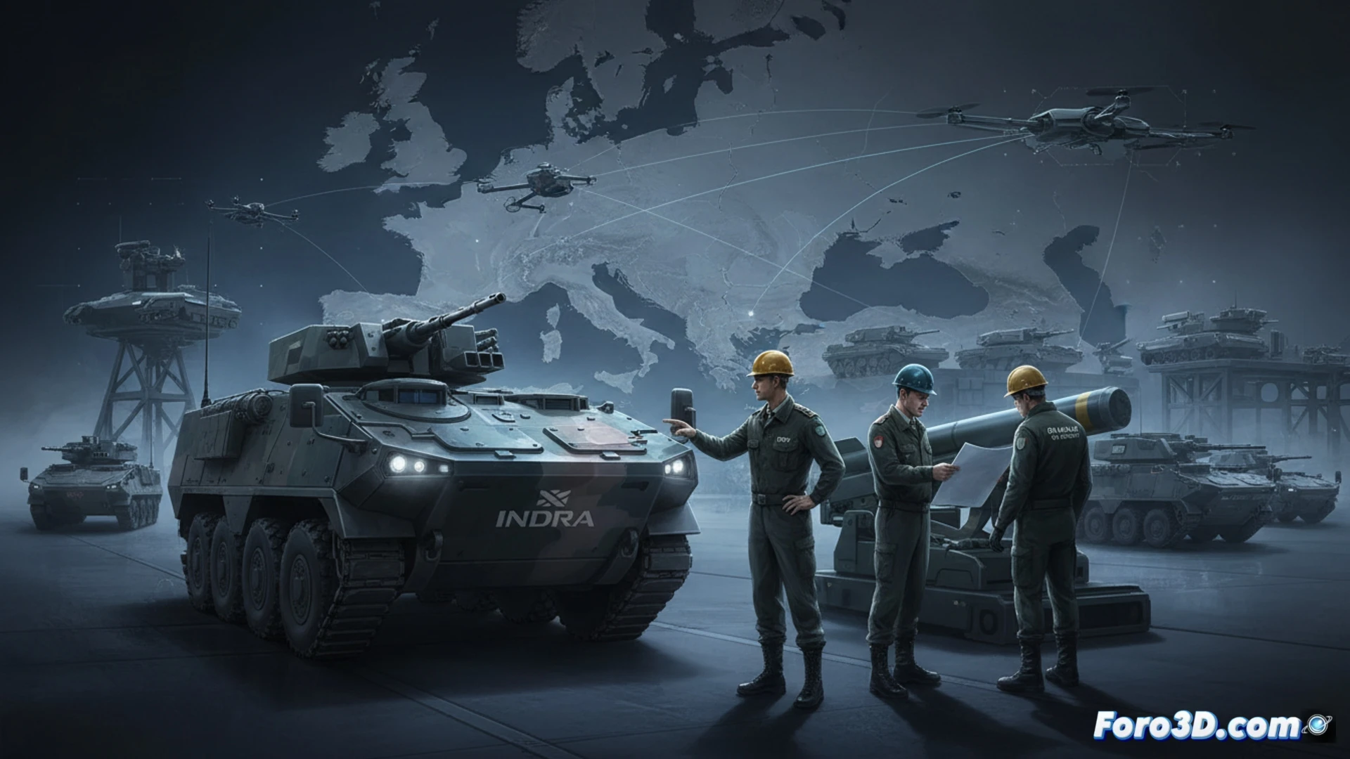 Un ejecutivo de Indra estrecha la mano a socios de Rheinmetall y Diehl Defence, con mapas europeos y contratos militares al fondo.