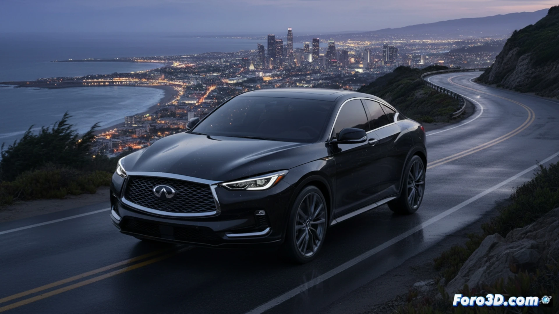 Infiniti QX65 2027 en vista lateral, carrocería negra brillante, caída de techo pronunciada, luces LED finas, perfil coupé crossover sobre fondo urbano nocturno.