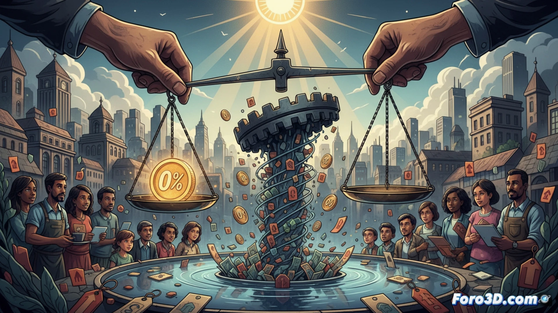 Un reloj de bolsillo roto con agujas girando sin control sobre billetes que se desvanecen, reflejando la urgencia económica.