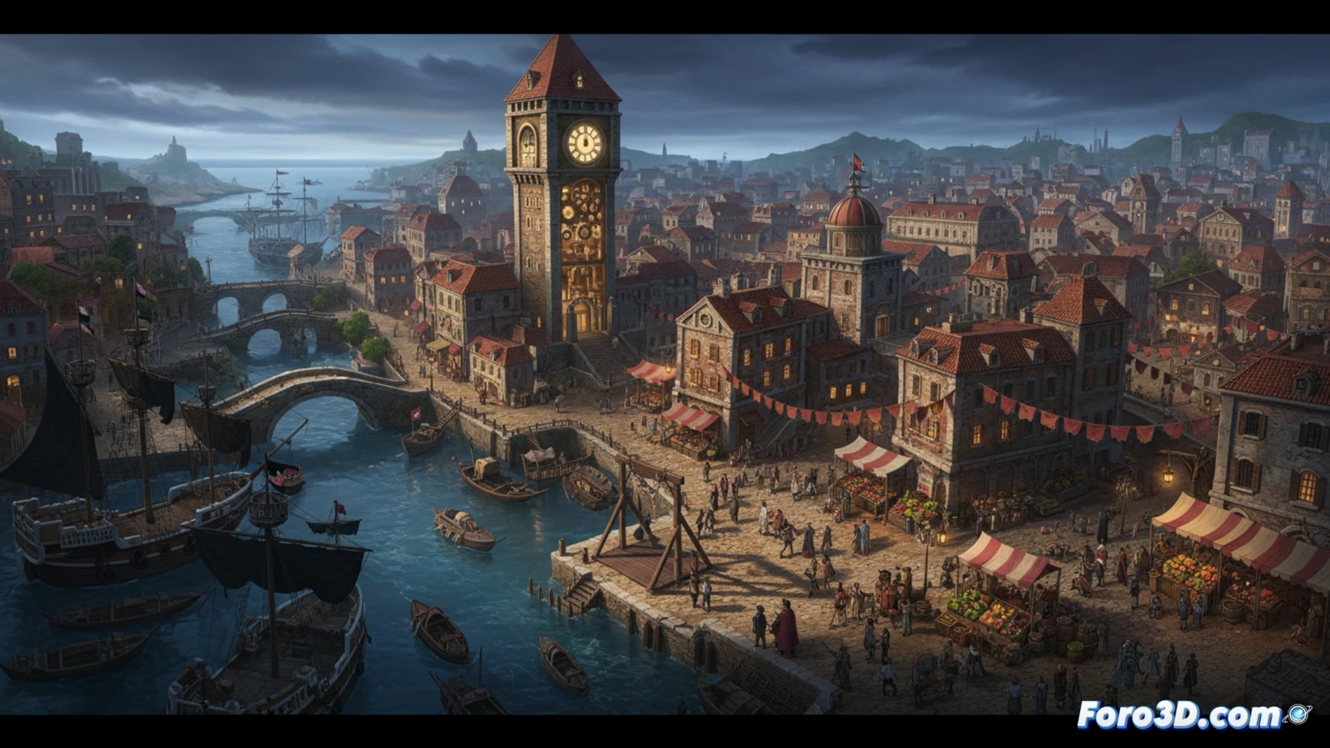 An expanded aerial view of Loguetown, with its central square and the iconic execution platform, under a dynamic and lively sky.