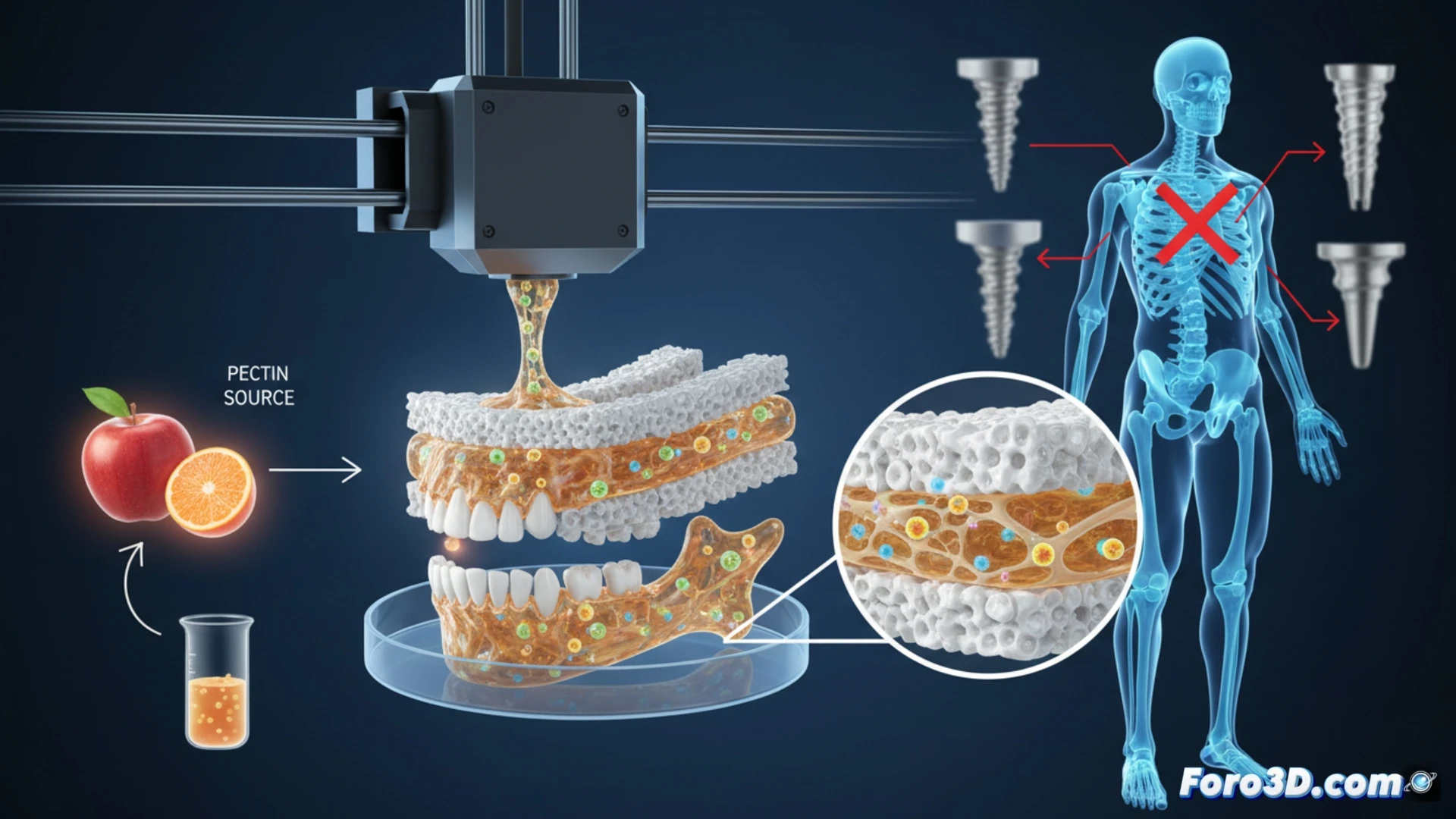 Un injerto óseo poroso y color hueso, impreso en 3D con biopolímero, sobre una superficie de laboratorio.