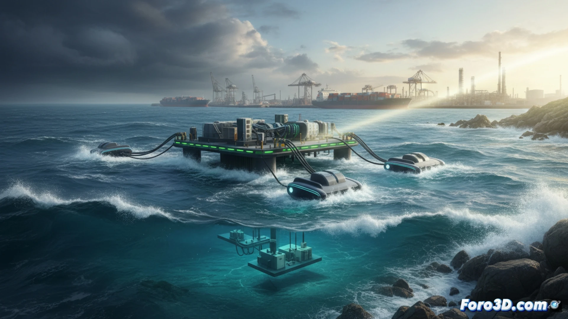 Un prototipo flotante capta la energía del oleaje en Punta Langosteira, con el puerto de A Coruña al fondo.