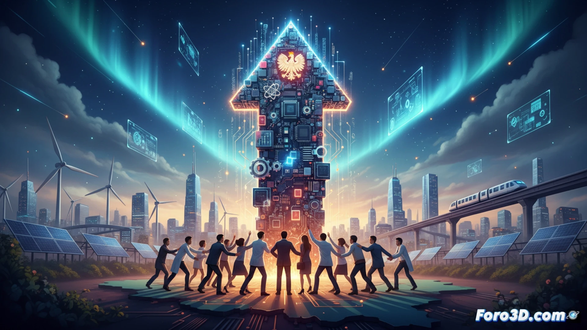 Una silueta nacional brillante, conectada por redes de datos, engranajes y chips, sobre un mapa global digitalizado.