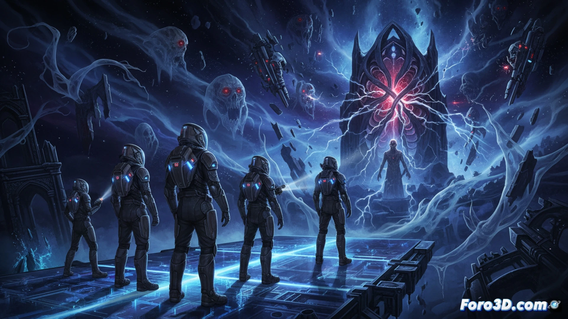 Una escena futurista donde una persona, usando un dispositivo tecnológico, explora voluntariamente la dimensión espectral de The Further.