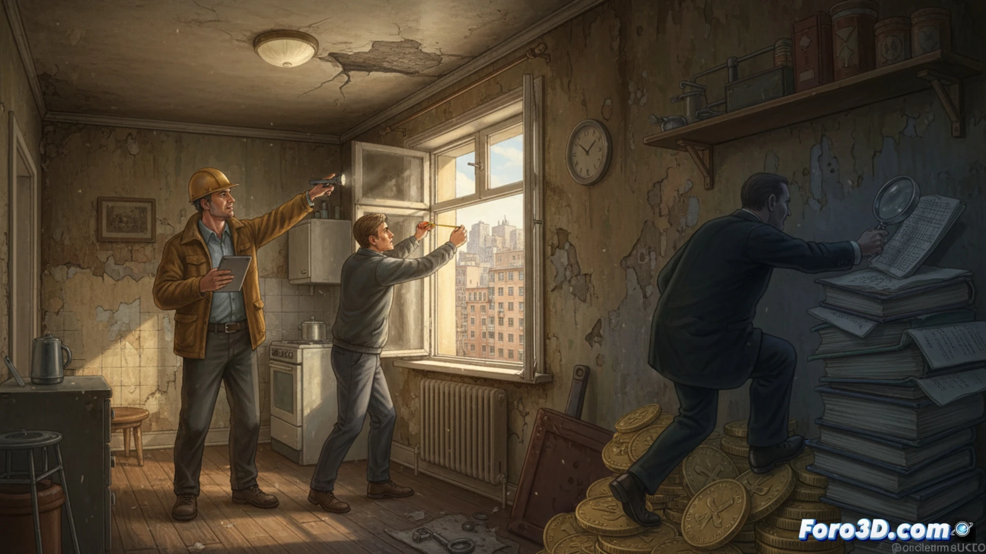 Dos inspectores de vivienda revisan un piso turístico ilegal, mientras una familia busca hogar asequible sin presión fiscal.