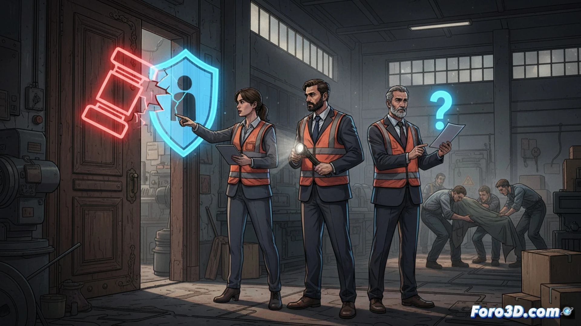 Descripción: Inspectores de trabajo en puerta de vivienda, con juez al fondo, debaten acceso sorpresa versus orden judicial.