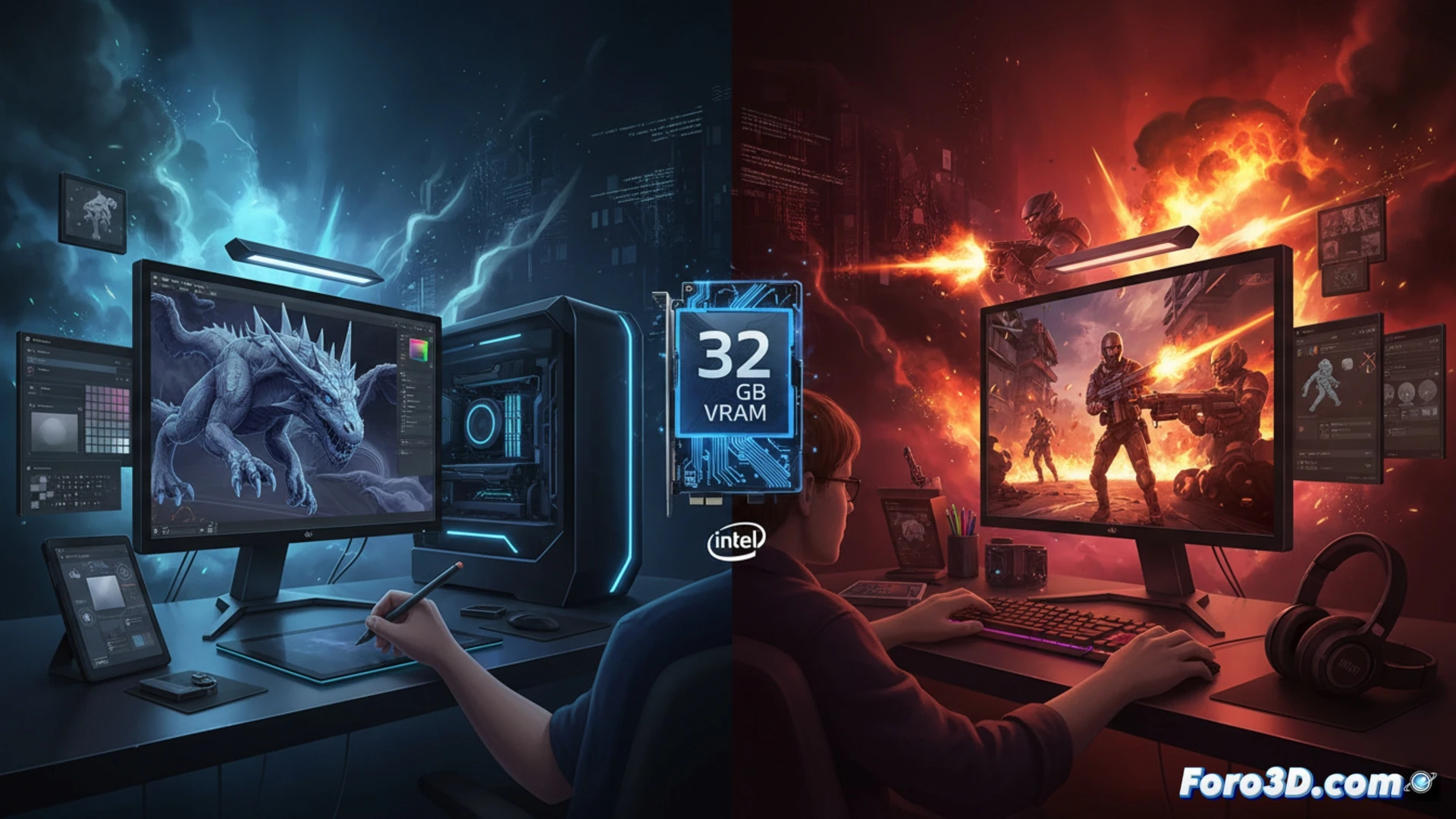 Tarjeta gráfica Intel Arc Pro B70 sobre un escritorio, junto a un modelado 3D en pantalla y un mando de videojuegos.