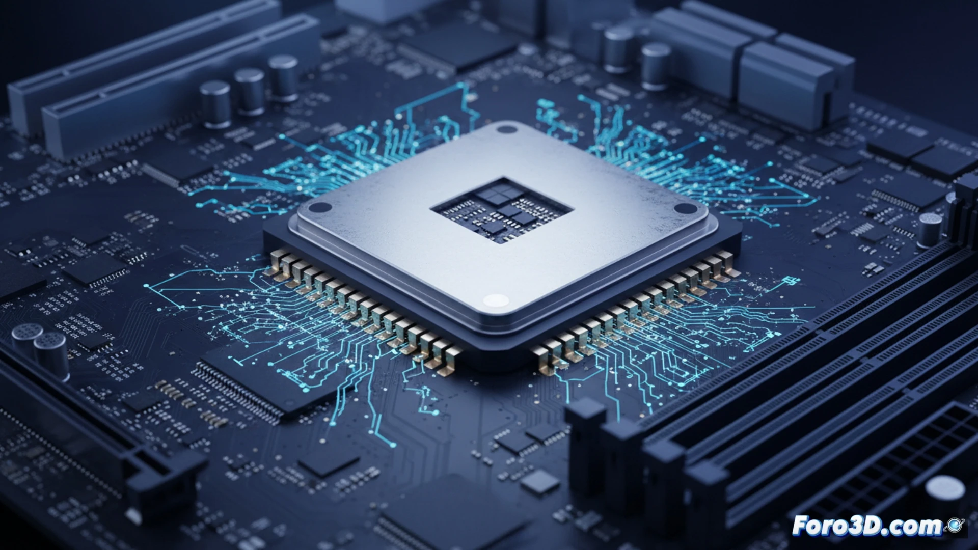 Un procesador Intel sobre una placa base, con módulos DDR4 al lado y cajas de DDR5 vacías en el fondo.