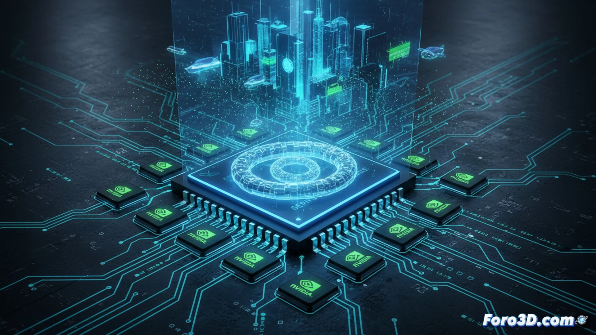 Concepto de un chip Intel Serpent Lake con logotipos de Intel y NVIDIA RTX, sobre un fondo de circuitos y un modelo 3D complejo.