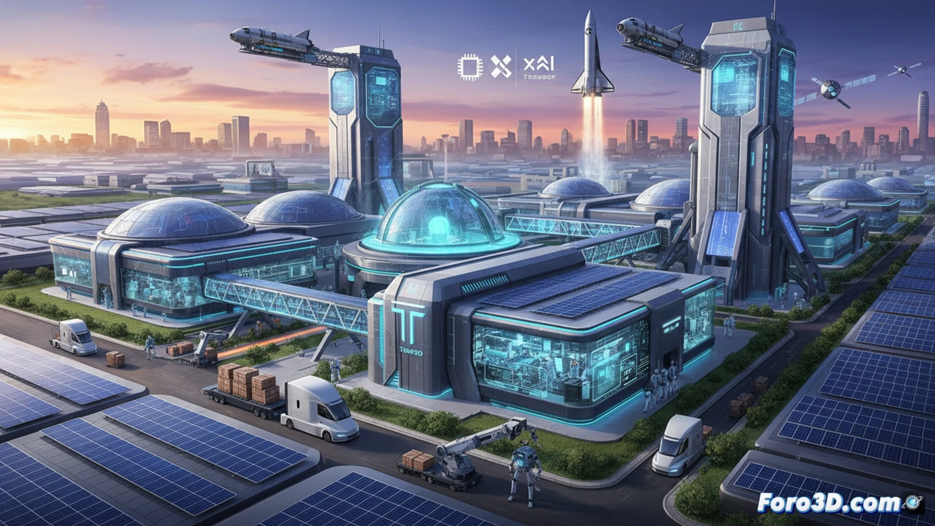 Una enorme fábrica futurista en Texas, con logos de Intel y SpaceX, produciendo chips brillantes para IA y cohetes.