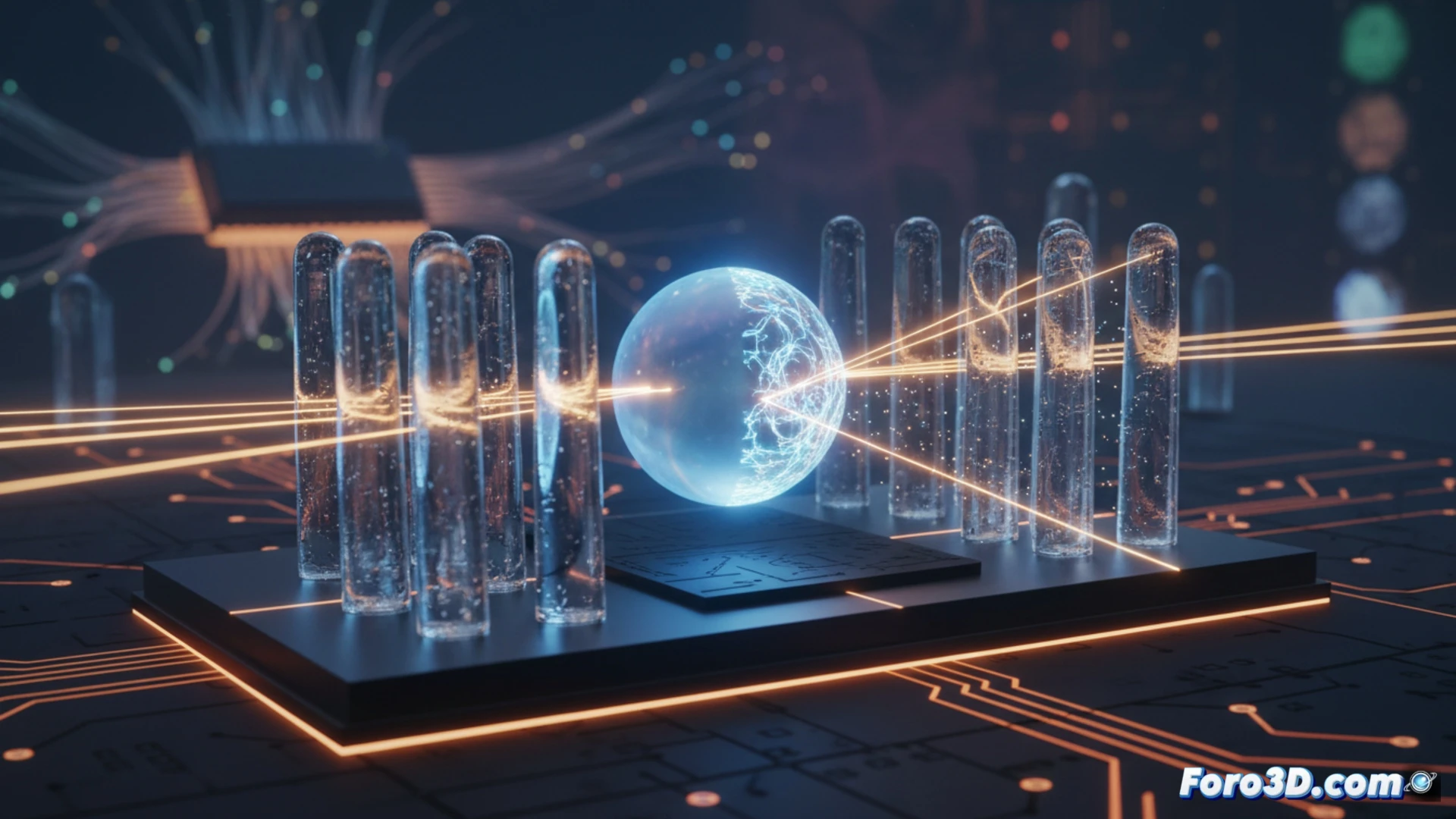 Modelo 3D de un interruptor óptico blando, mostrando una gota de cristal líquido entre pilares poliméricos con haces de luz.