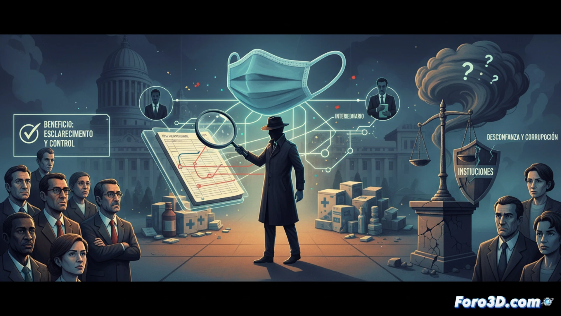 Imagen de un político y un intermediario en reunión opaca, con mascarillas y documentos de gasto público de fondo.