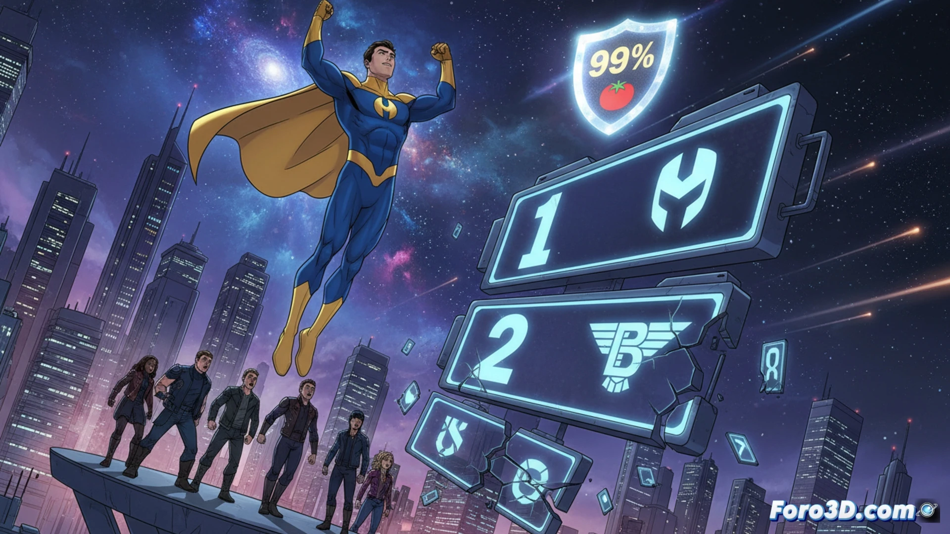 Ilustración de Invincible y Omni-Man enfrentados, con el logo de Prime Video superando a The Boys en audiencia.