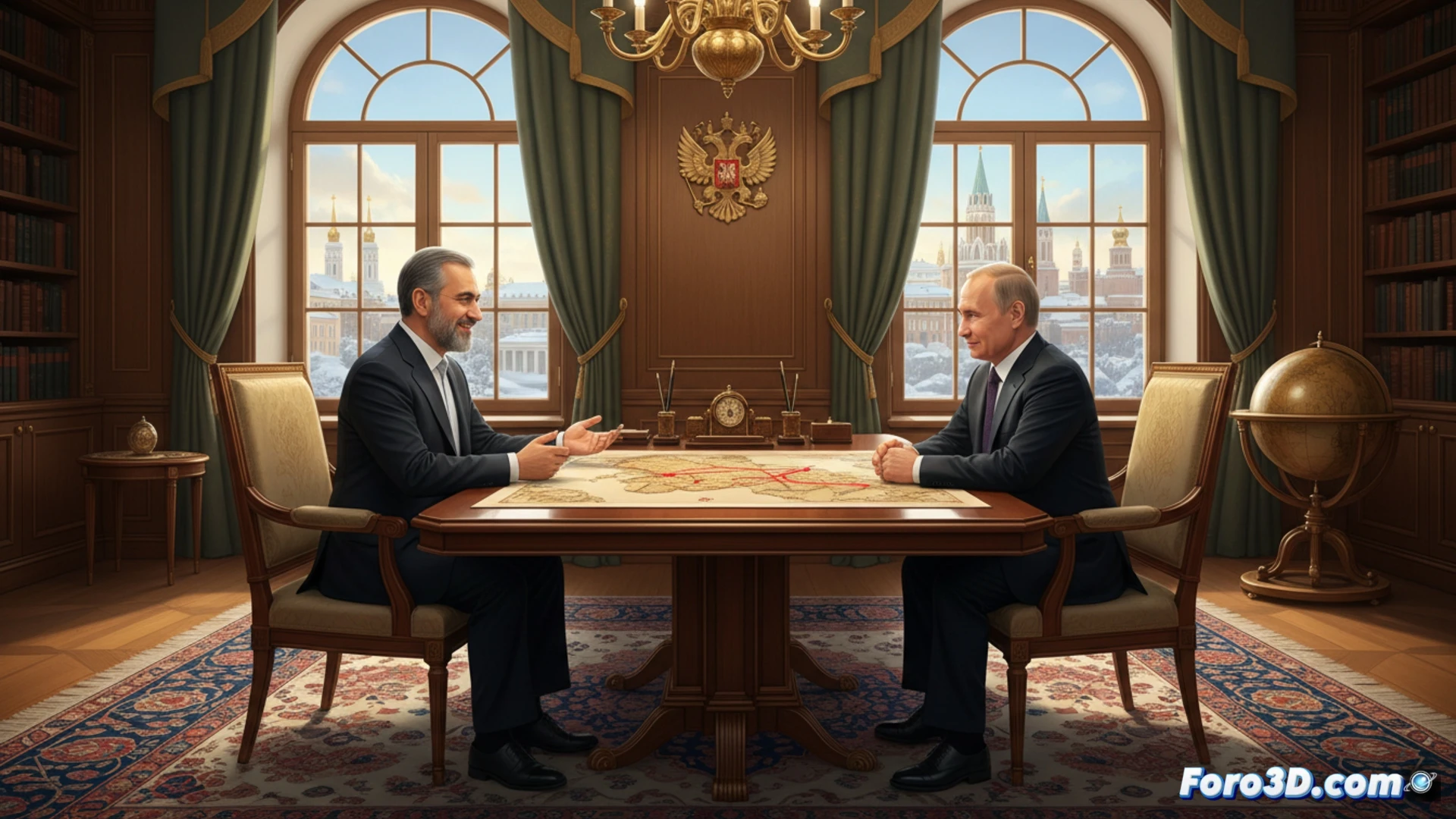 Dos diplomáticos de traje estrechan manos frente a banderas de Irán y Rusia, con un mapa mundial borroso al fondo.