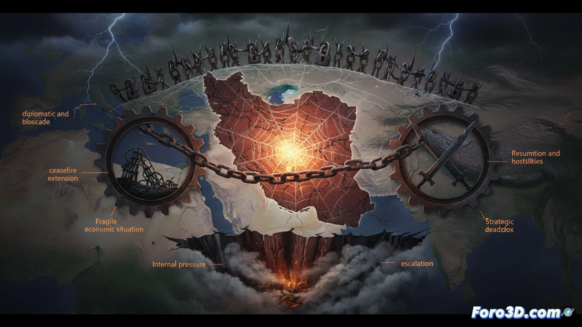 Un mapa de Irán con grietas, bajo la sombra de un reloj de arena y misiles en pausa.