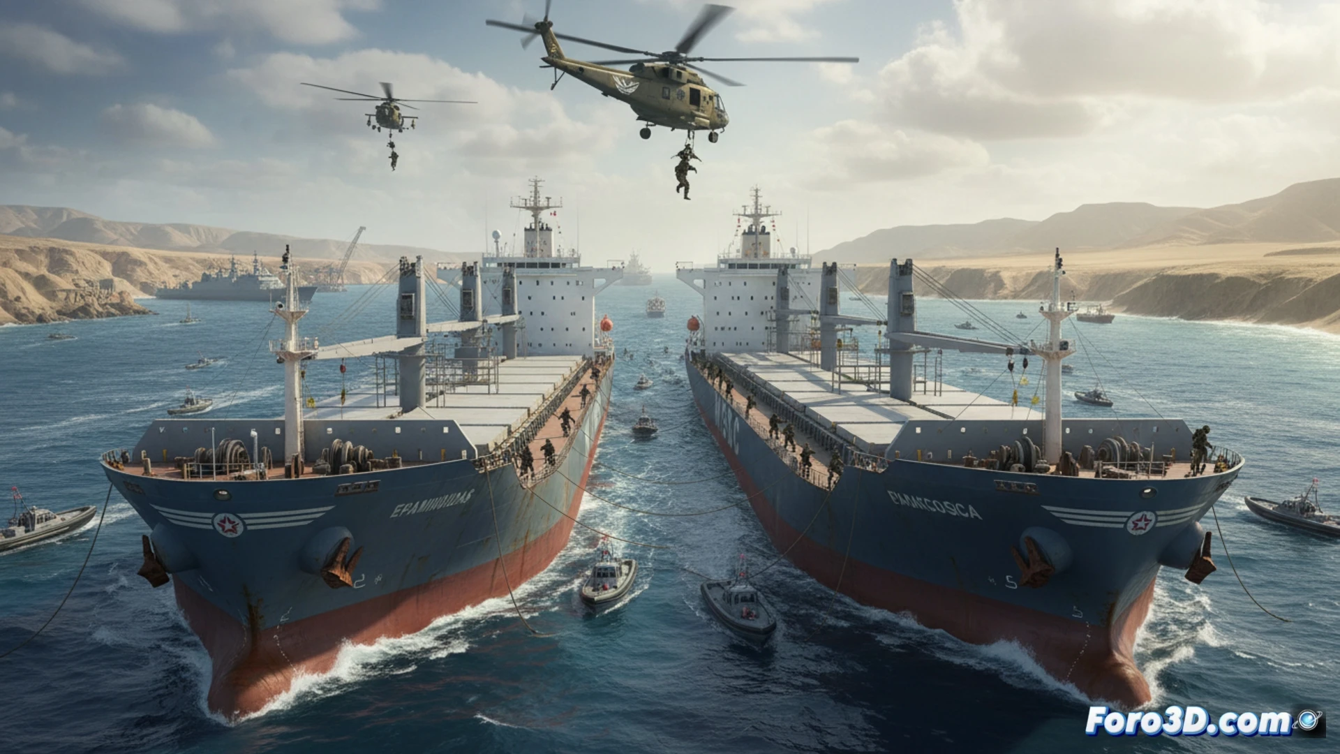 Dos buques de carga, uno con bandera liberiana y otro panameño, son escoltados por lanchas iraníes en el estrecho de Ormuz, bajo un cielo nublado, mientras sistemas de navegación parpadean en rojo en sus puentes.