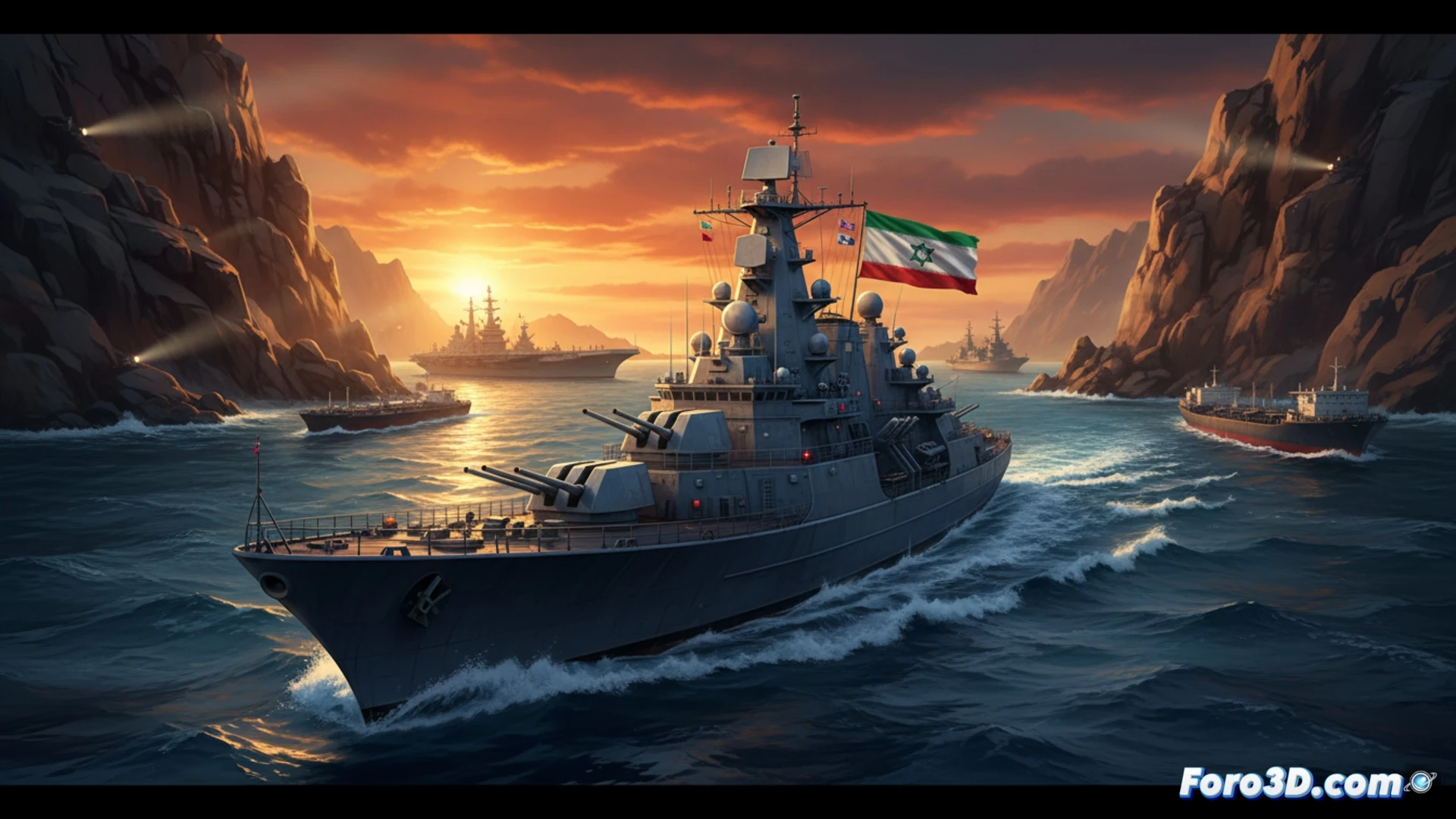 Un buque de guerra iraní patrulla el angosto estrecho de Ormuz, con humo en el horizonte y una bandera de la Guardia Revolucionaria ondeando. La atmósfera es de tensión y desafío.