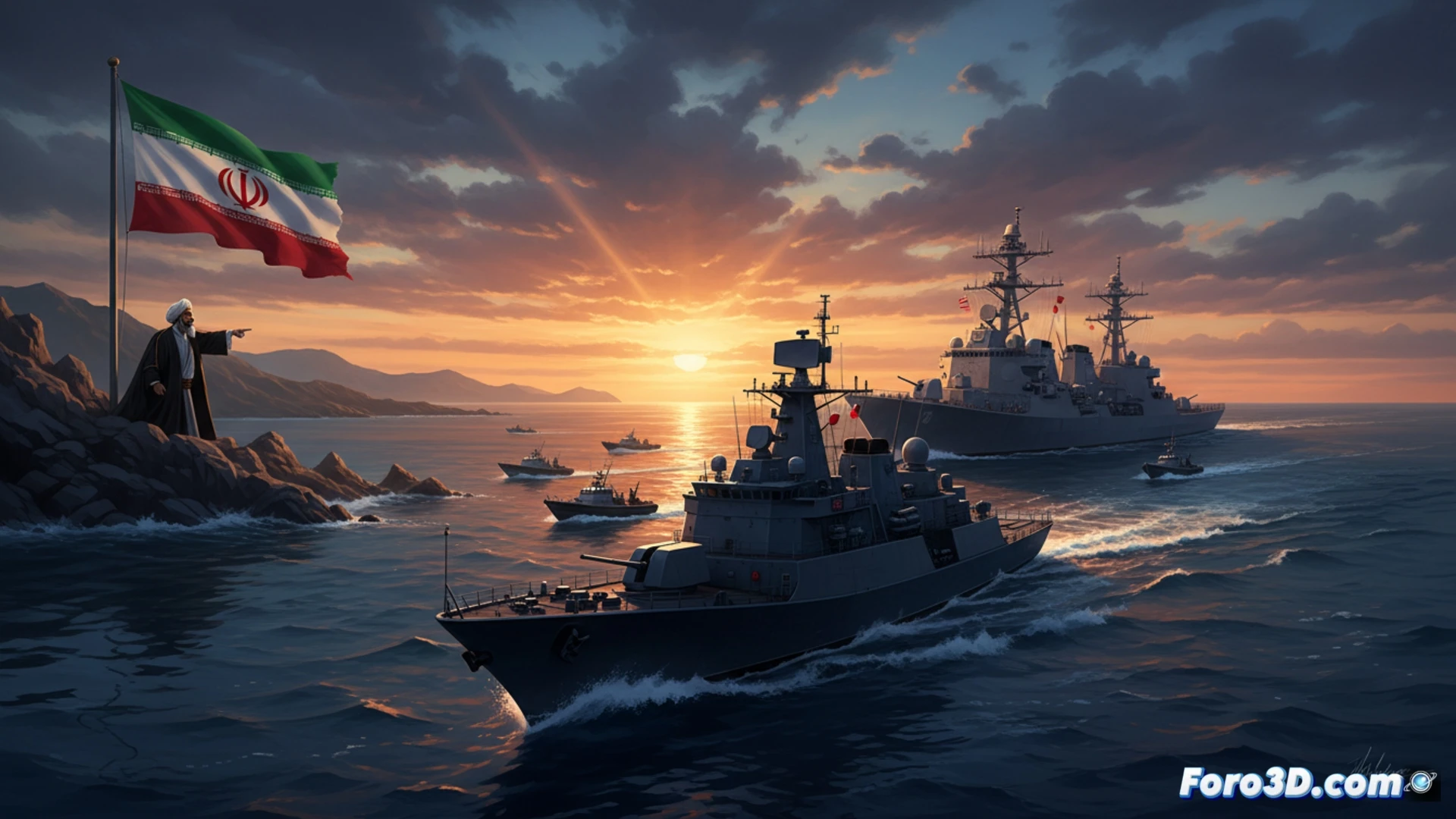 Un barco de guerra estadounidense vigila un petrolero en el angosto estrecho de Ormuz, con la costa iraní al fondo.