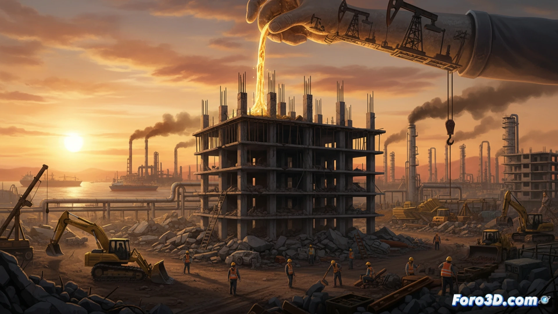 Un petrolero navega con un fondo de edificios en reconstrucción y gráficos de crecimiento económico.