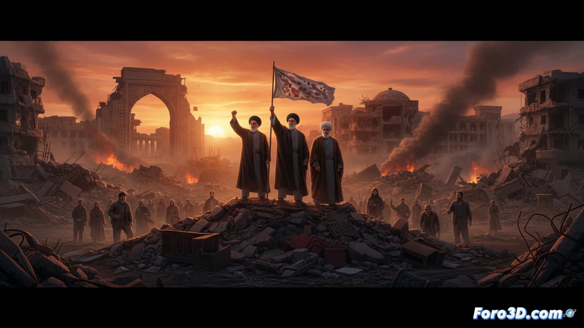 Un paisaje urbano iraní con edificios derruidos, banderas desgarradas y un líder sombrío entre escombros, mientras al fondo se vislumbra una mesa diplomática vacía bajo un cielo gris.