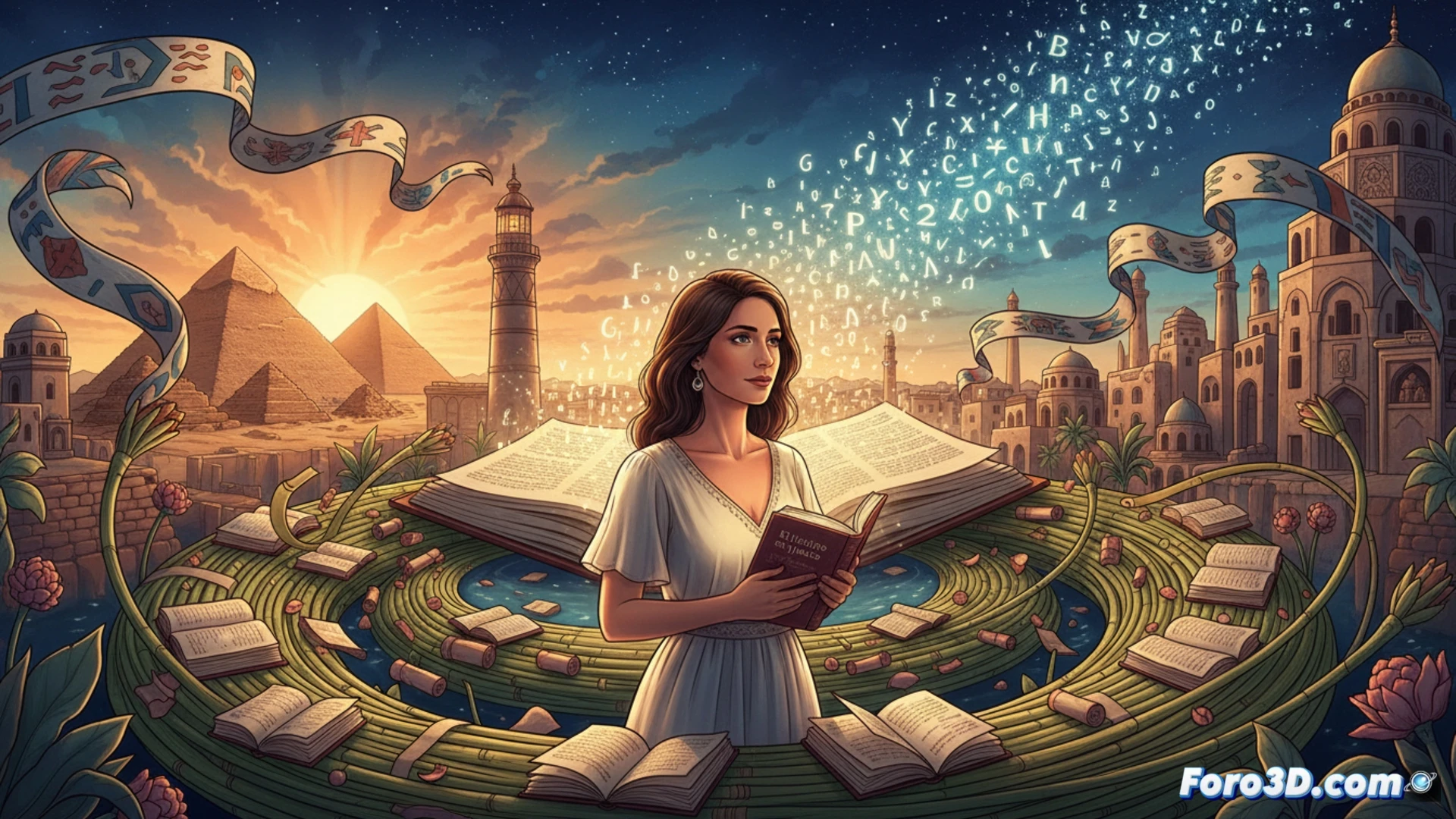 Irene Vallejo sonríe entre papiros y libros antiguos en El Cairo, cerrando su gira mundial de 'El infinito en un junco' junto al río Nilo.