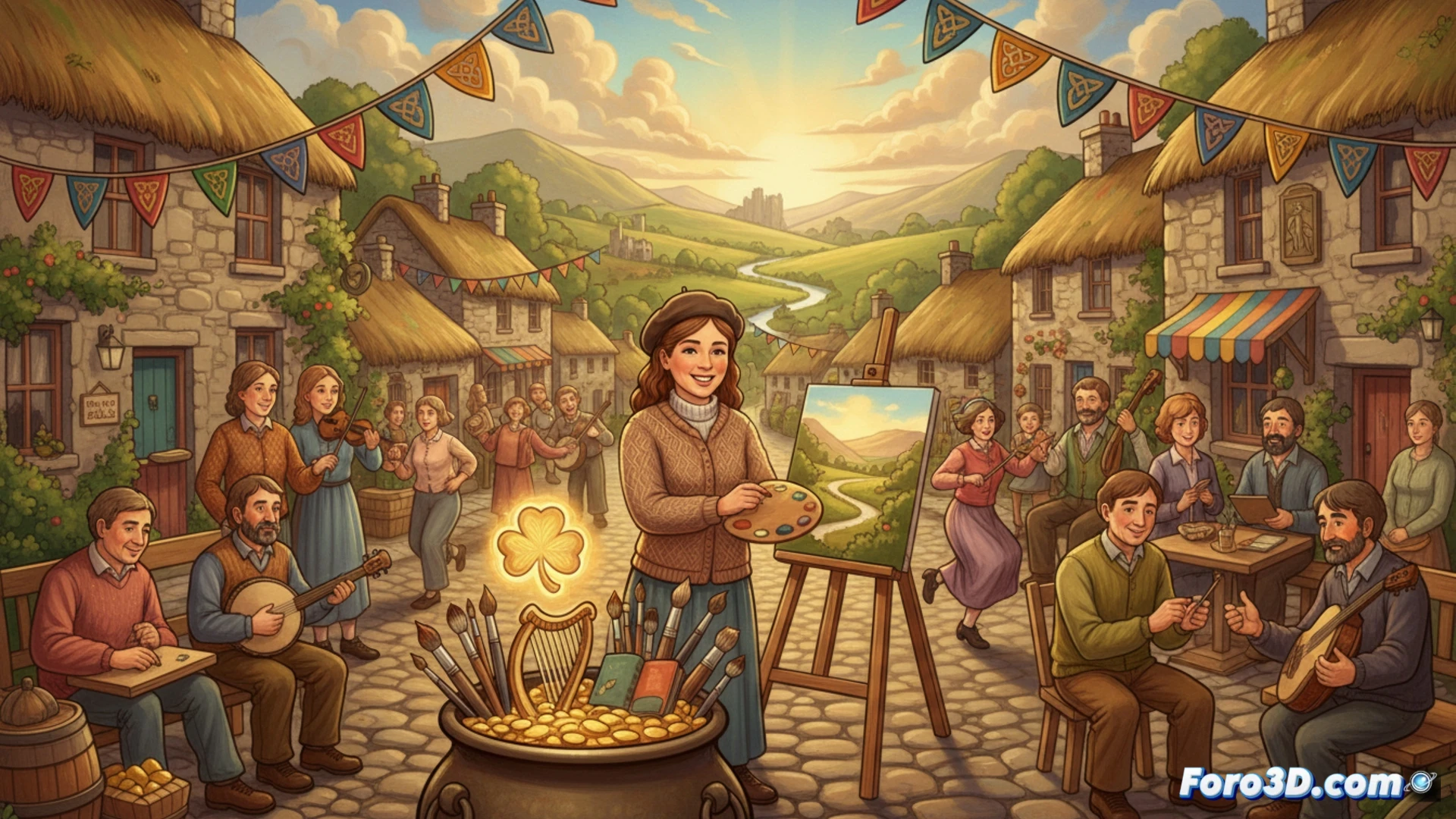 Artista irlandés sonríe en su estudio rural, con un lienzo y el paisaje verde al fondo, simbolizando la renta básica permanente de 325 euros semanales.