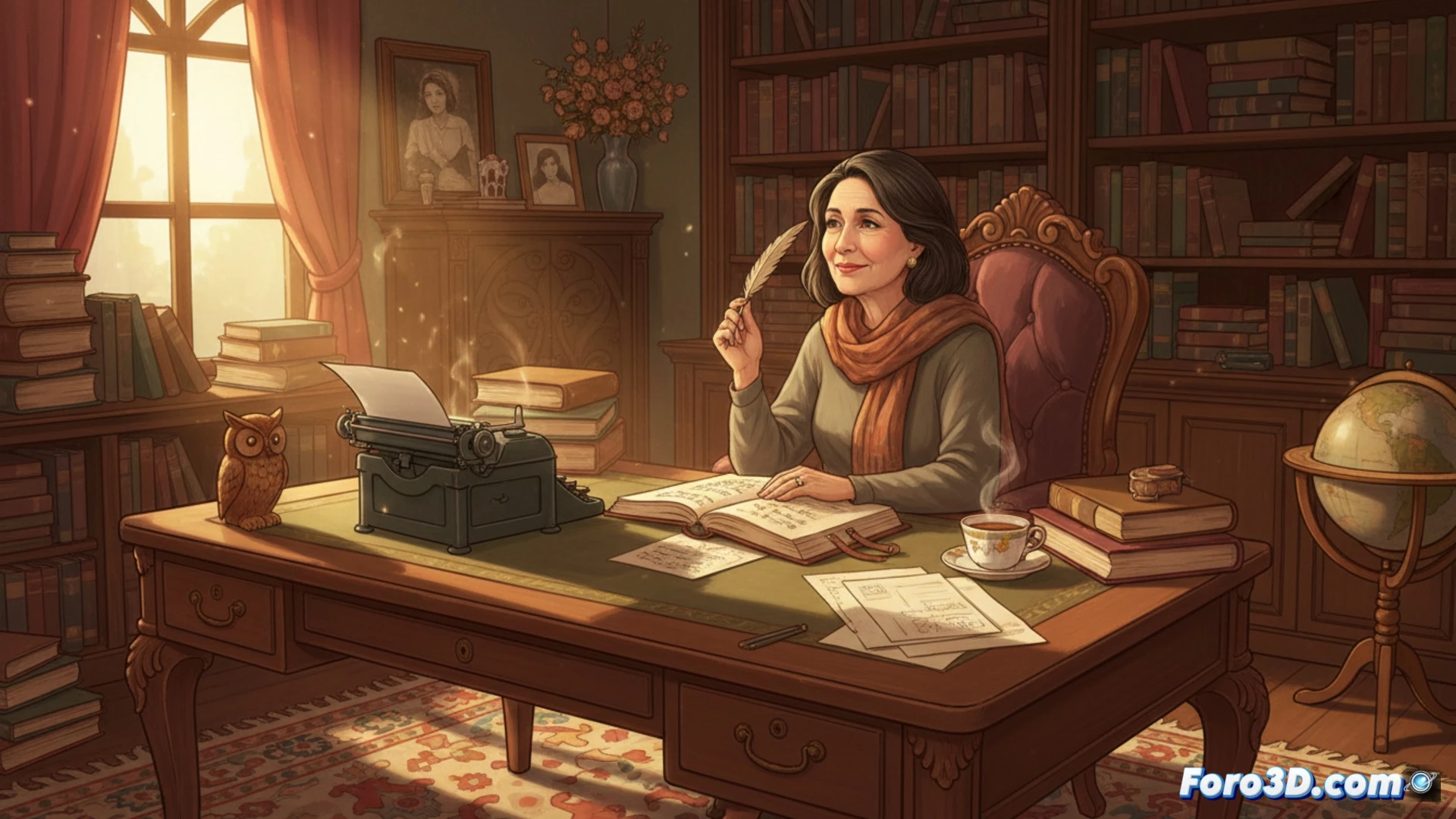 Isabel Allende escribe, rodeada de libros y recuerdos, convirtiendo el dolor y la memoria en historias que sanan.